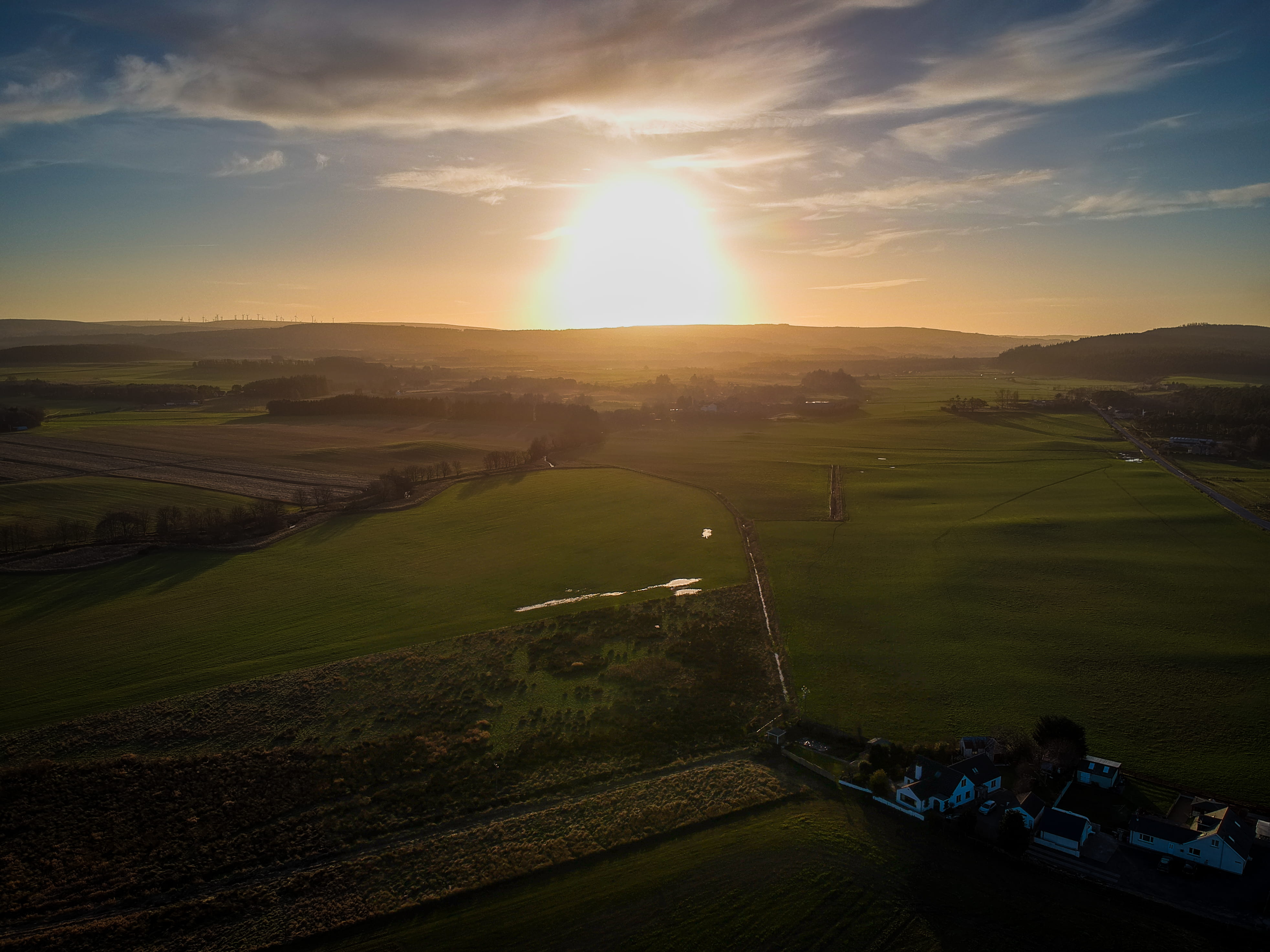 non-urban scene, trees, sunset, tranquility, tranquil scene, dronephotography, water, nature, field, scenics - nature, green color, sky, land, united kingdom, HD Wallpaper