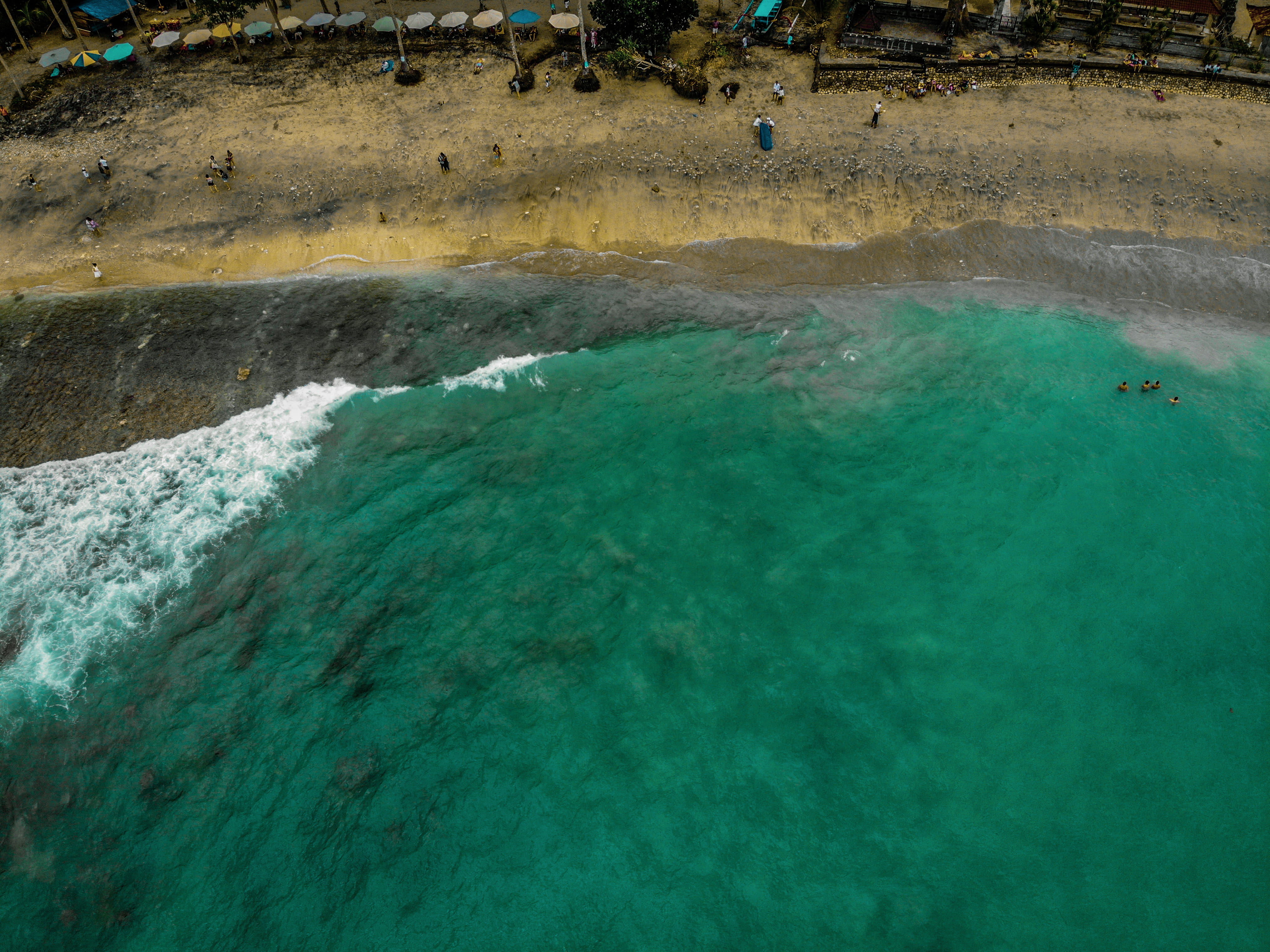 tranquility, viewfromabove, green color, orange, snapscript, sea, turquoise colored, water, drone, volcanic crater, day, indonesia, land, non-urban scene, HD Wallpaper
