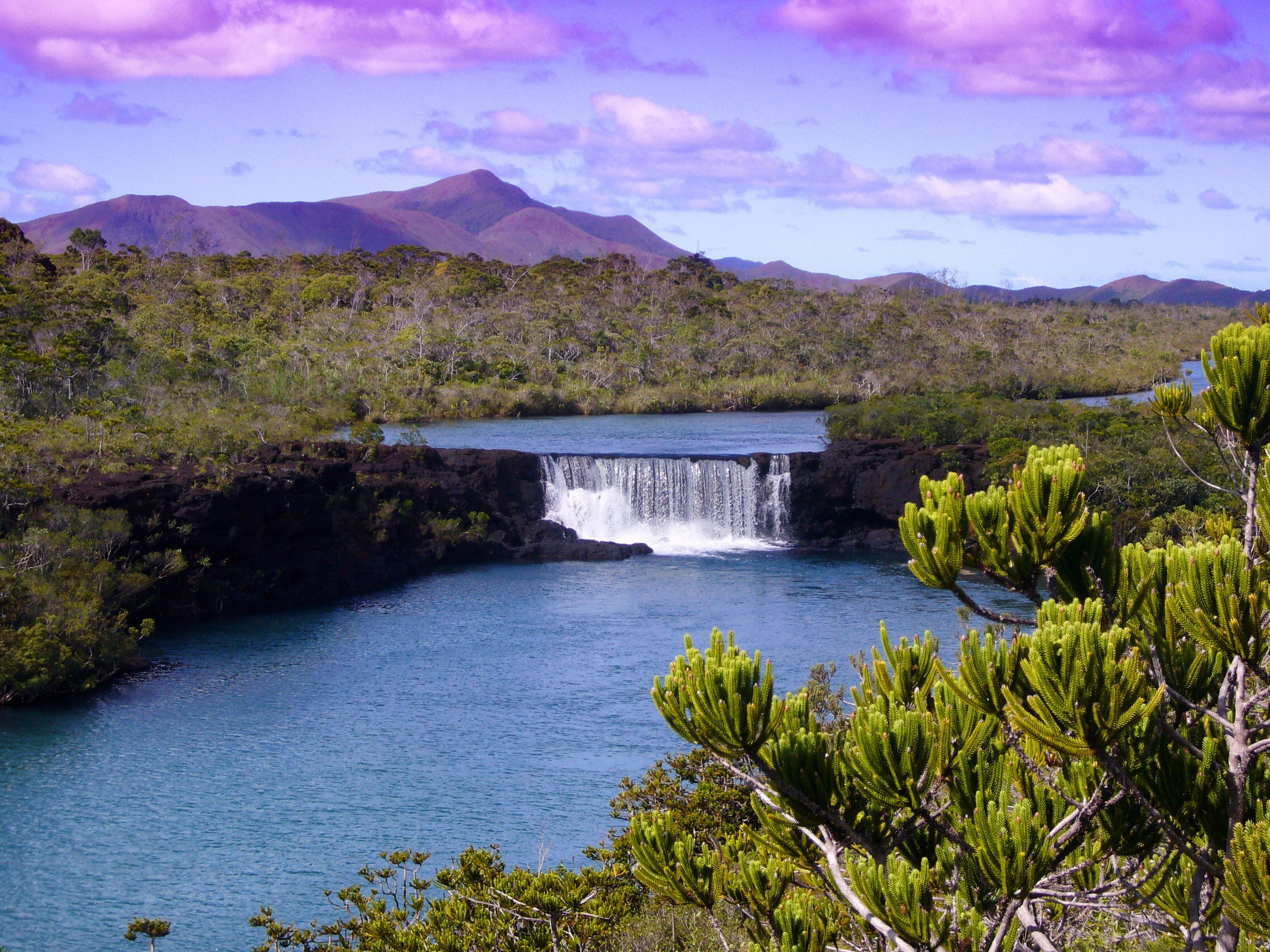 green, mountains, river, country, near, countryside, new caledonia, water, flowing water, sky, no people, scenics - nature, waterfall, tranquil scene, outdoors, HD Wallpaper