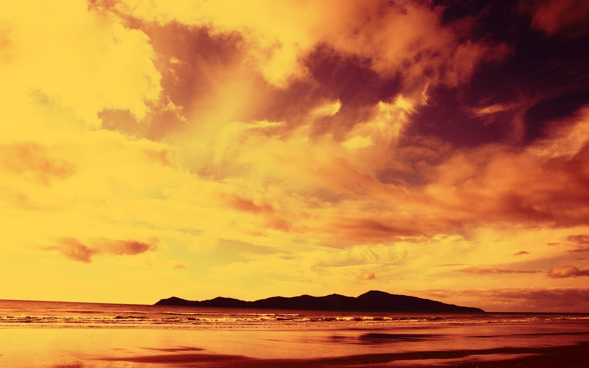 idyllic, yellow, cloud - sky, tranquility, sky, land, beauty in nature, hour, beach, water, dramatic sky, orange, orange color, waves, mountains, nature, HD Wallpaper