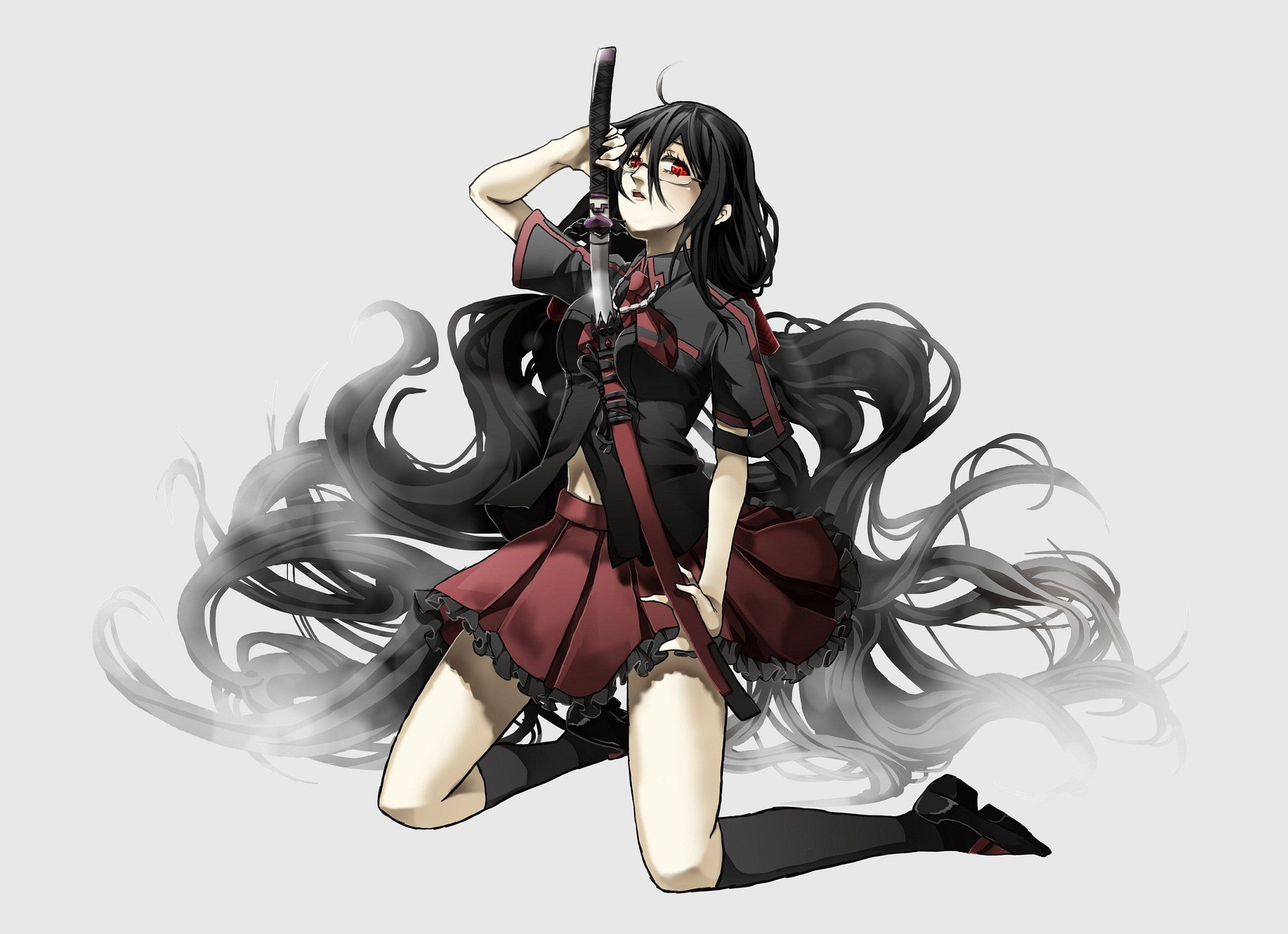 1080P, hair, weapons, hd, socks, eyes, Katana, glasses, brunettes, art, school, hot, uniforms, schoolgirls, tie, red, long, skirts, meg, anime, HD Wallpaper