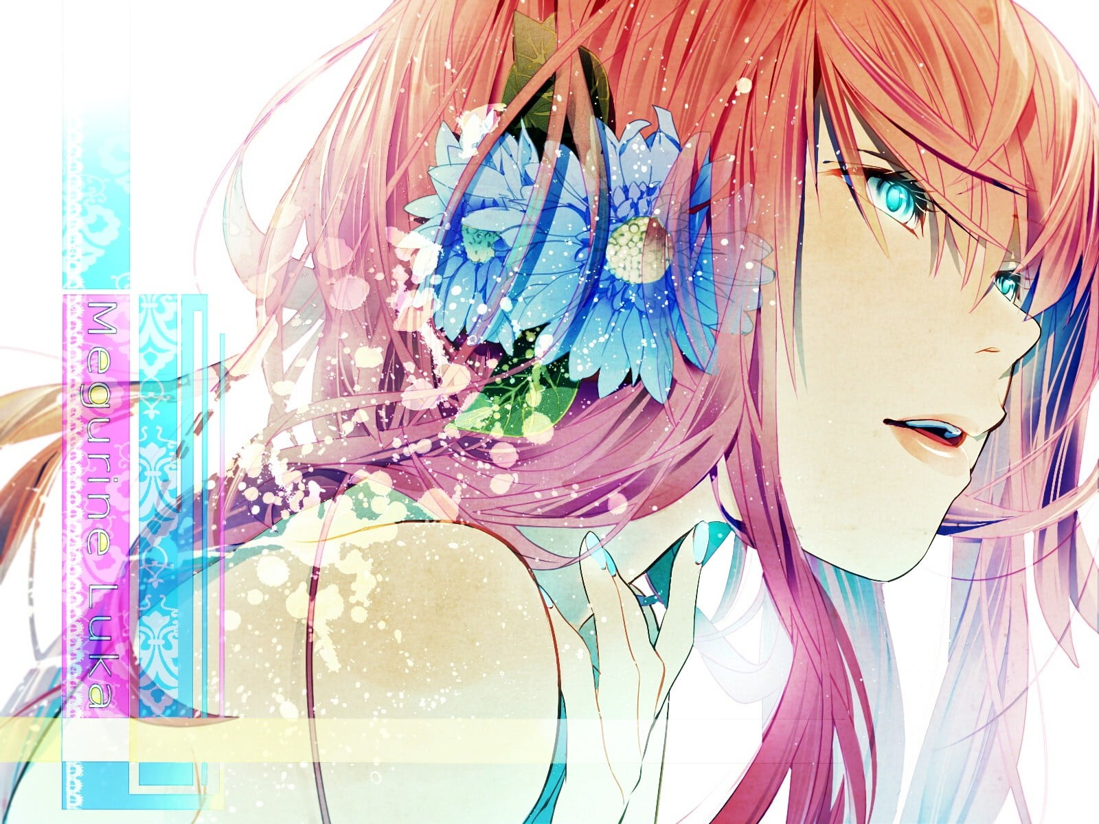 long hair, human representation, Vocaloid, 720P, art and craft, fashion, close-up, flower in hair, flowers, female likeness, sheet, multi colored, paint, HD Wallpaper