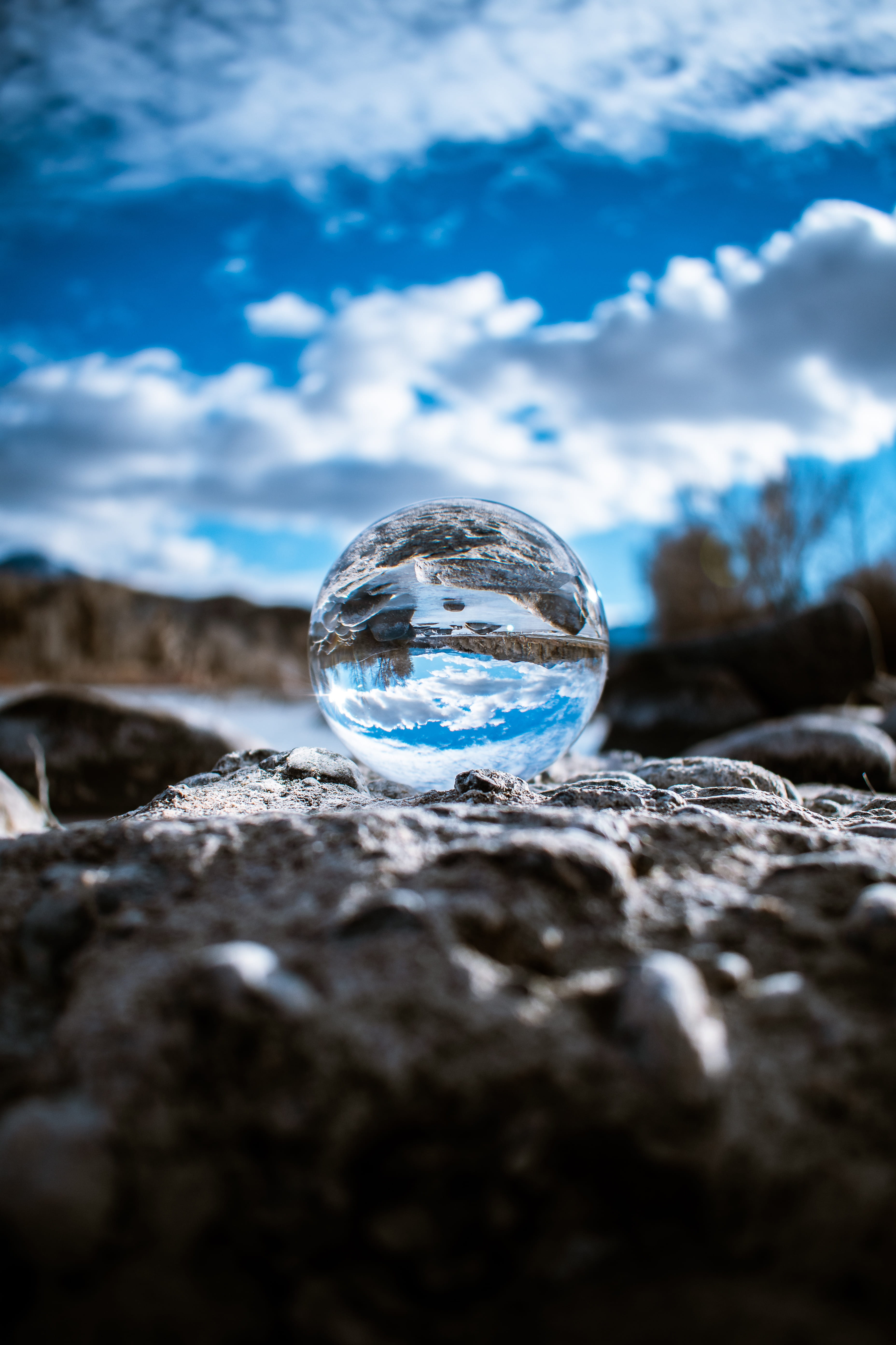 sphere, clouds, glass, daylight, cloud, scenic, no people, stone, crystal ball, transparent, lens, land, single object, blue sky, cloud - sky, nature, blue, Phone HD Wallpaper
