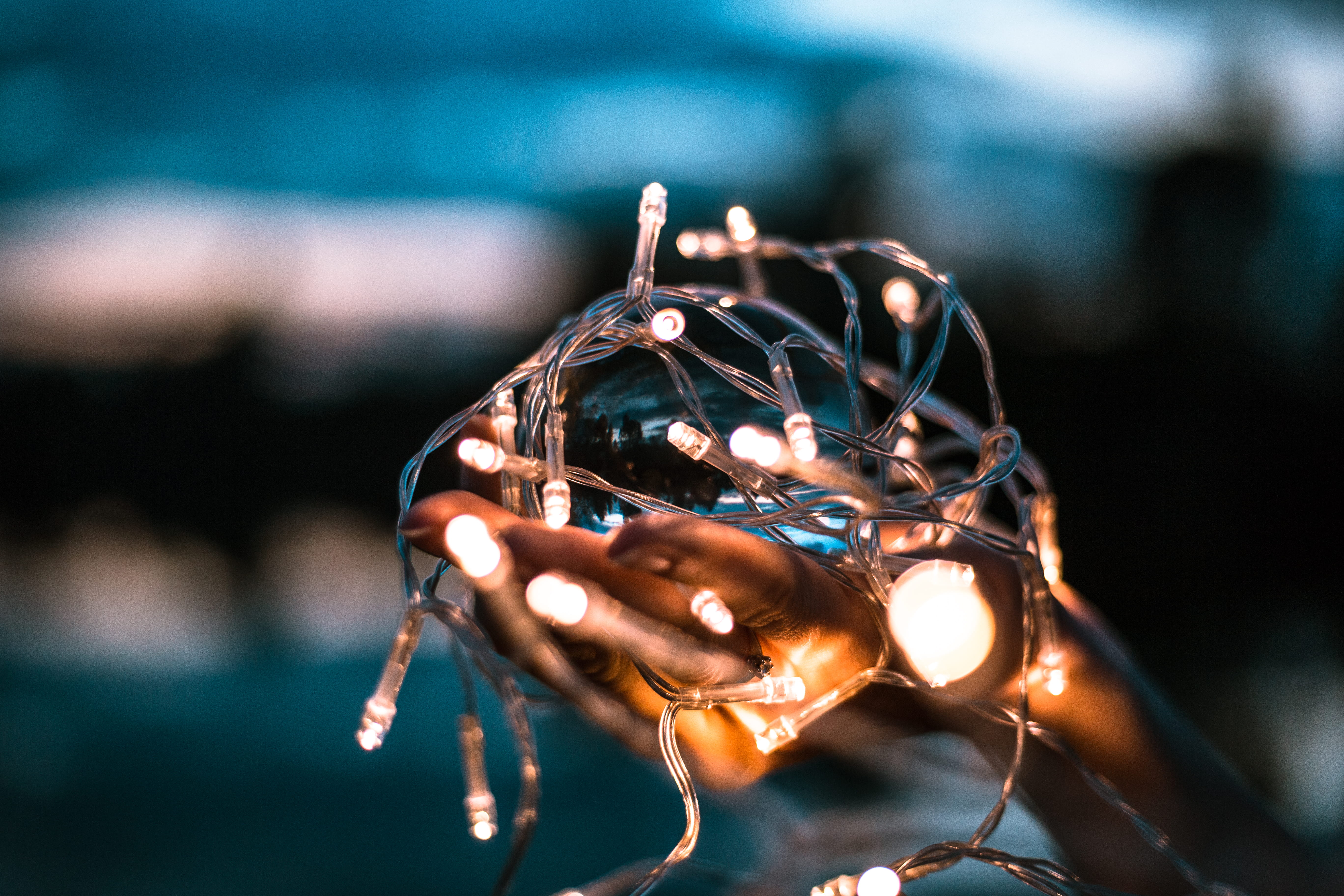 ball, dark, cultures, abstract, photography, backgrounds, beauty, decoration, fairy light, illuminated, winter, bokeh, light, 5K, holiday, hand, mirror, HD Wallpaper