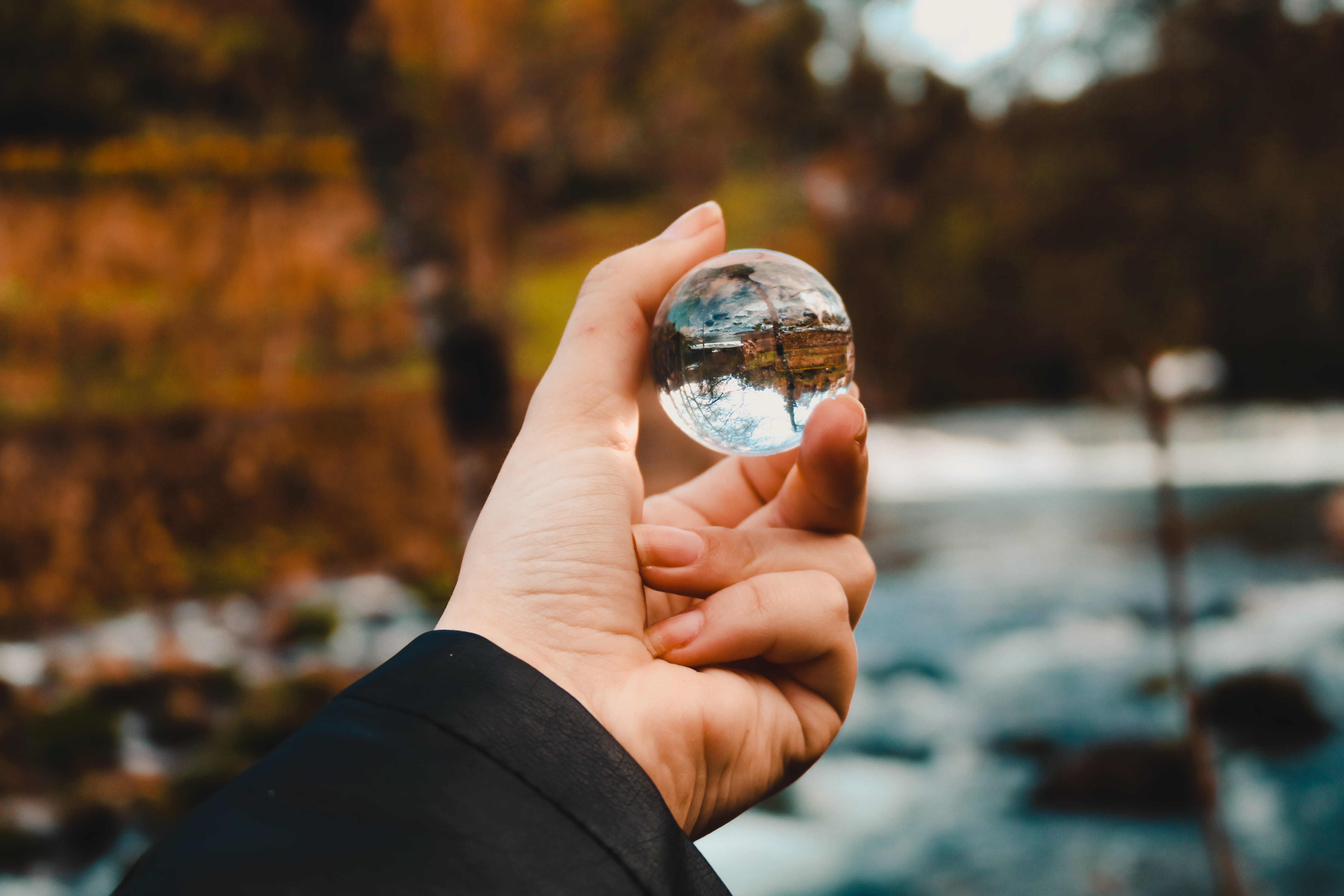 Lensball, toy, ball, nature, daylight, personal perspective, blur, glass ball, body part, travel, unrecognizable person, human hand, finger, glass, focus on foreground, HD Wallpaper