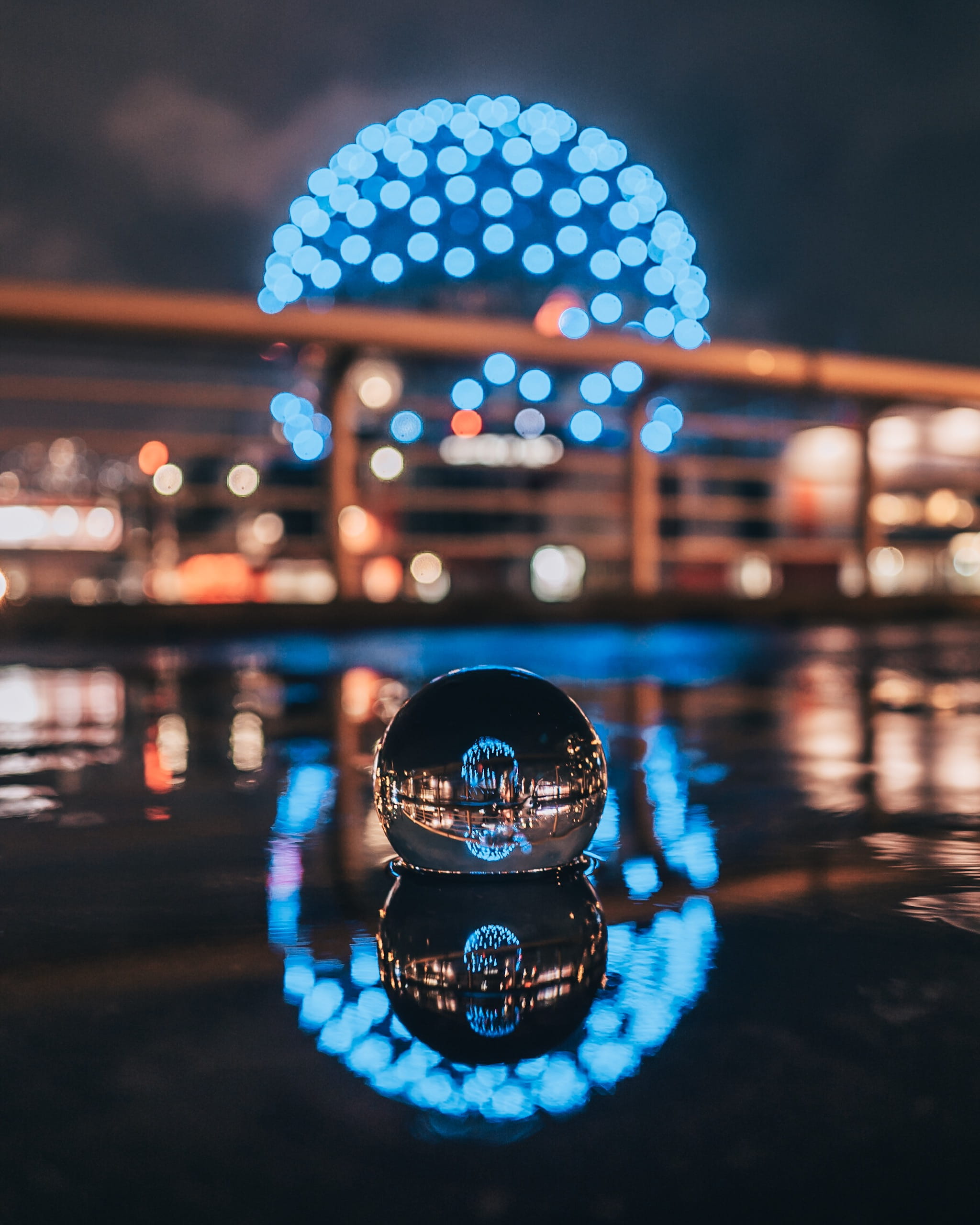defocused, ball, monument, blue neon light, shiny, rain, bright, light - Natural Phenomenon, lensball, bokeh, urban, abstract, glowing, photography, illuminated, Phone HD Wallpaper