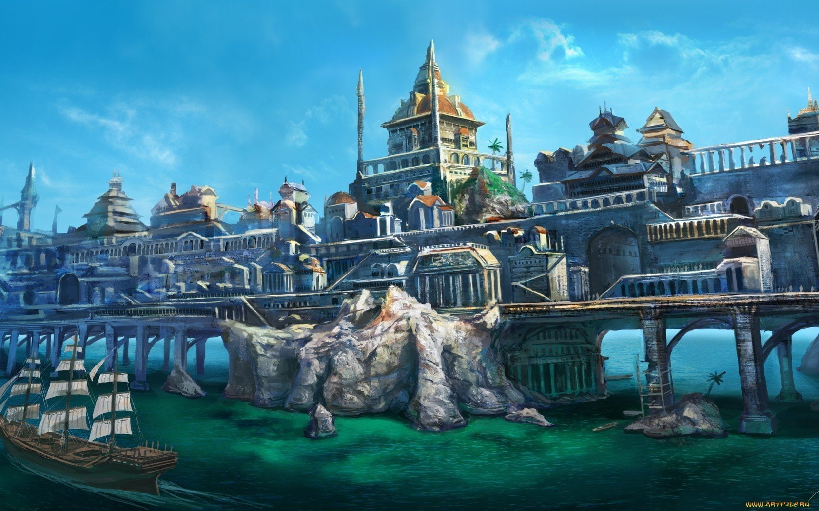 fantasy, Mew, houses, bridges, skies, Sails, clouds, Ships, rock, landscapes, cities, Gulls, sea, Islands, buildings, art, Seagulls, castles, 720P, HD Wallpaper