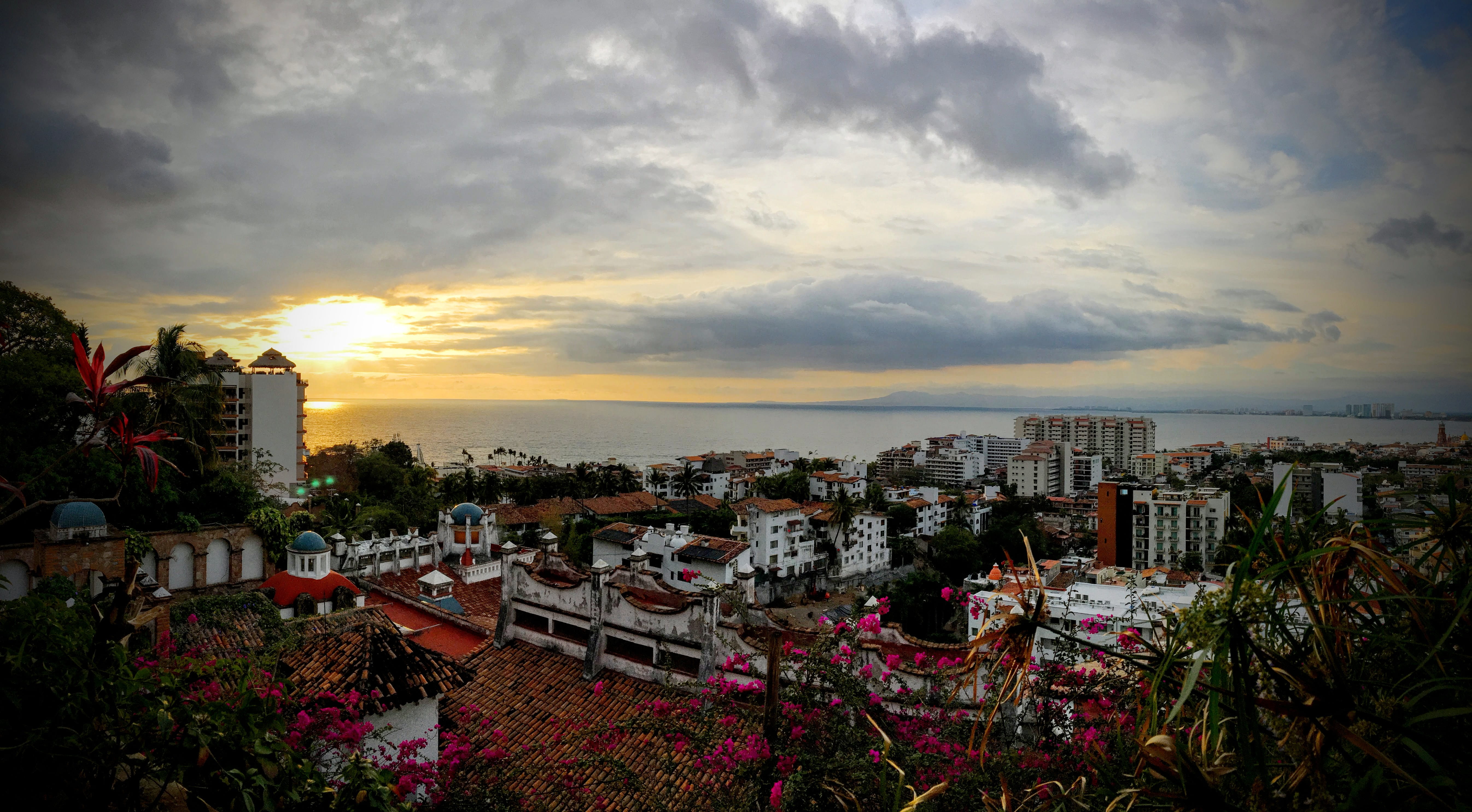 orange color, architecture, built structure, sunset, office building exterior, ocean, puerto vallarta, high angle view, 5K, building exterior, outdoors, HD Wallpaper