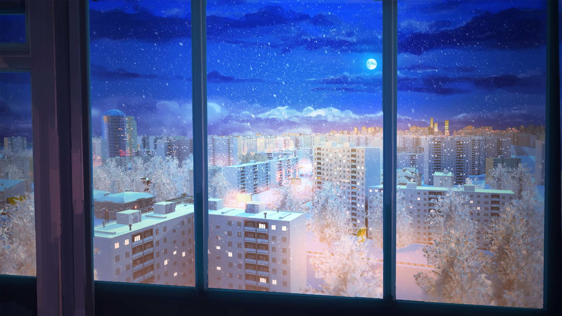 night, outdoors, office, 1080P, city, glass - material, Anime, modern, skyscraper, nature, illuminated, reflection, window frame, window, glass, Everlasting Summer, HD Wallpaper