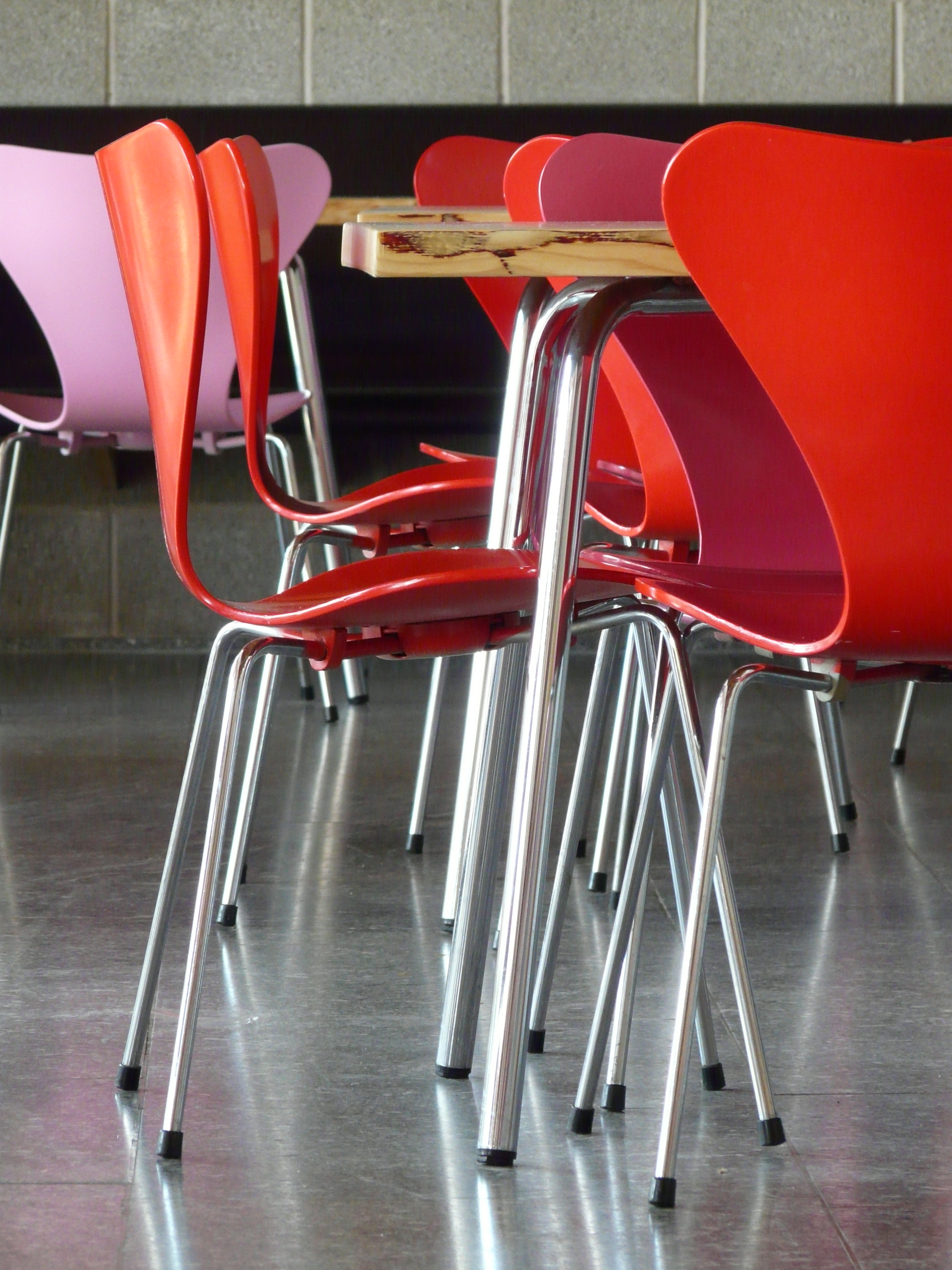 in a row, seat, chair, chair base, flooring, sit, indoors, tables, setup, colorful, side by side, arrange, canteen, absence, repetition, order, table, orange color, Phone HD Wallpaper