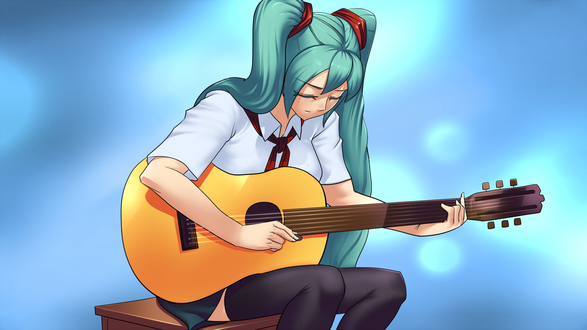 Everlasting Summer, green hair, guitar, 1080P, visual novel, CG, Hatsune Miku, Soviet Games (everlasting Summer), HD Wallpaper