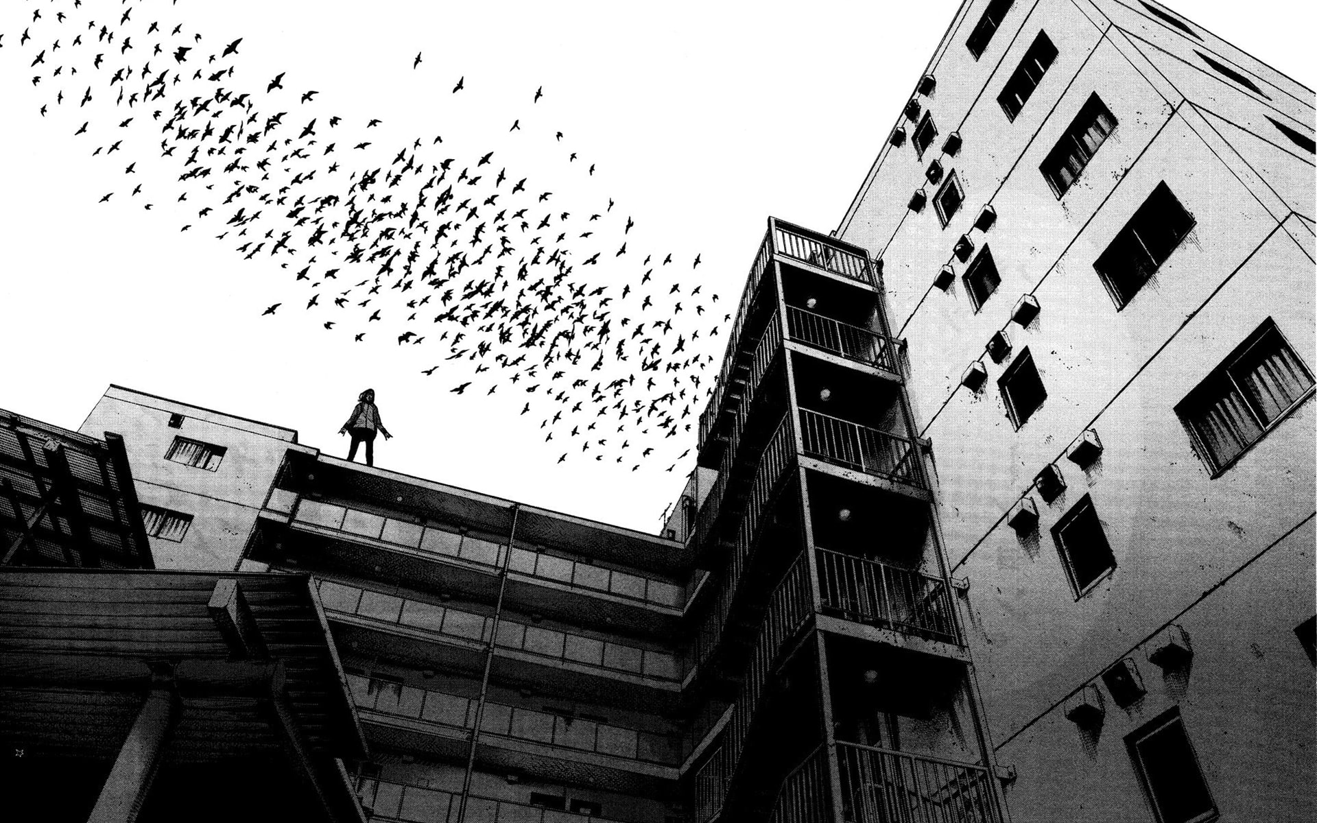 bw, birds, hd, anime, 1080P, building, cartoon/comic, manga, person, HD Wallpaper
