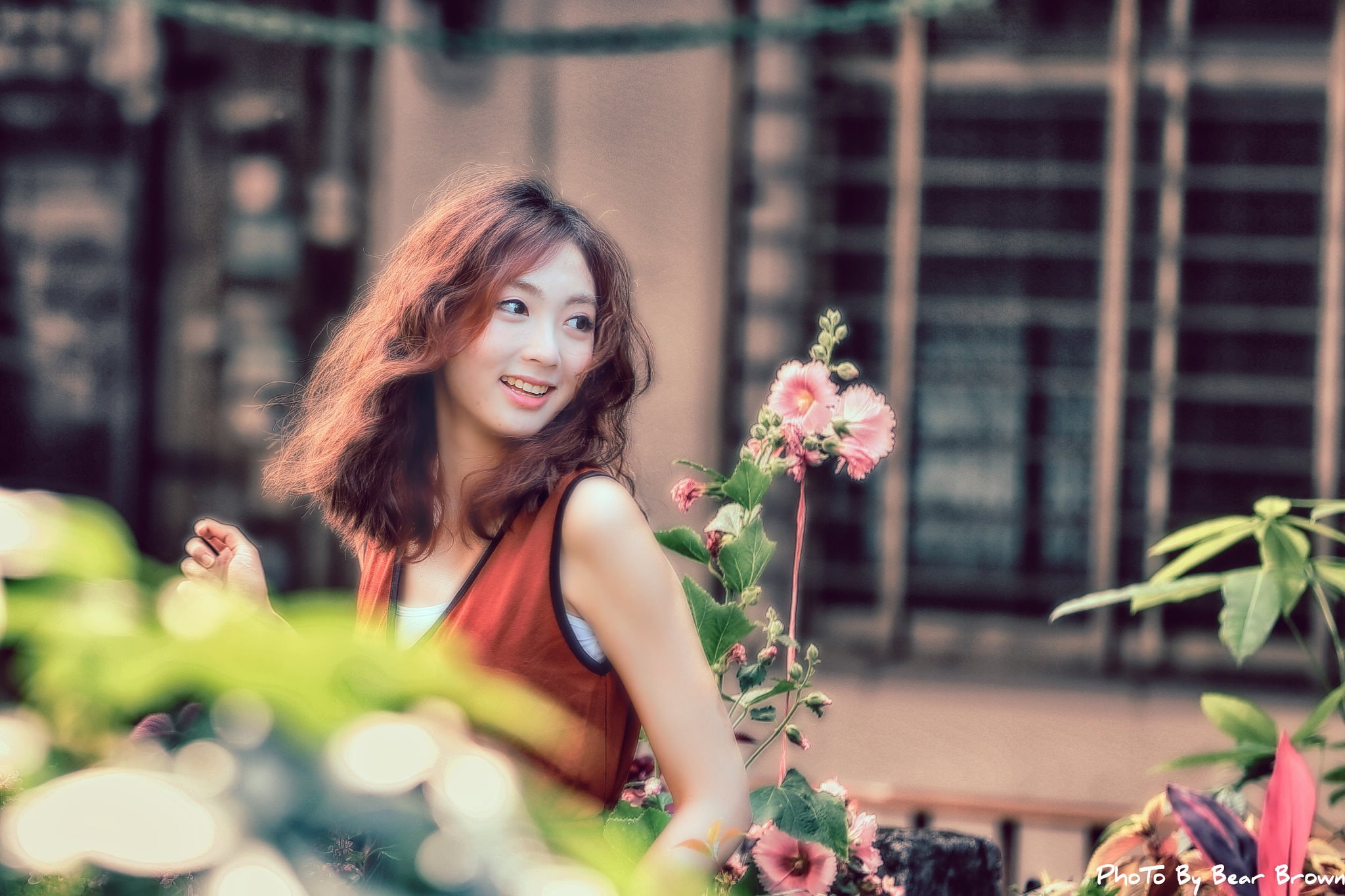 happiness, brown eyes, teenager, redhead, 1080P, looking away, hair, portrait, beautiful woman, beauty, emotion, young women, nature, flower arrangement, HD Wallpaper