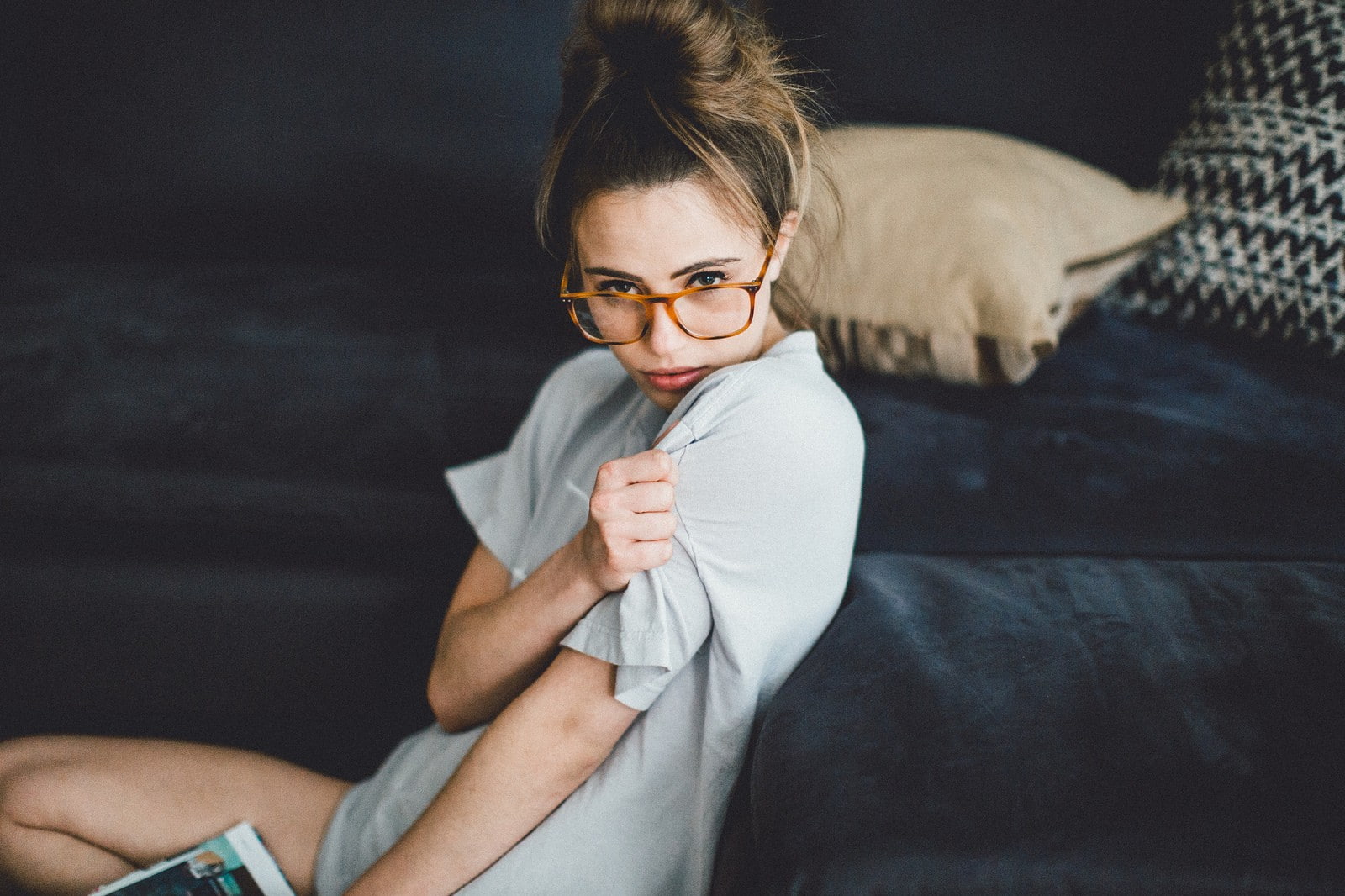 home interior, lifestyles, brunette, real people, 720P, eyeglasses, females, T-shirt, child, childhood, glasses, sofa, pre-adolescent child, one person, HD Wallpaper