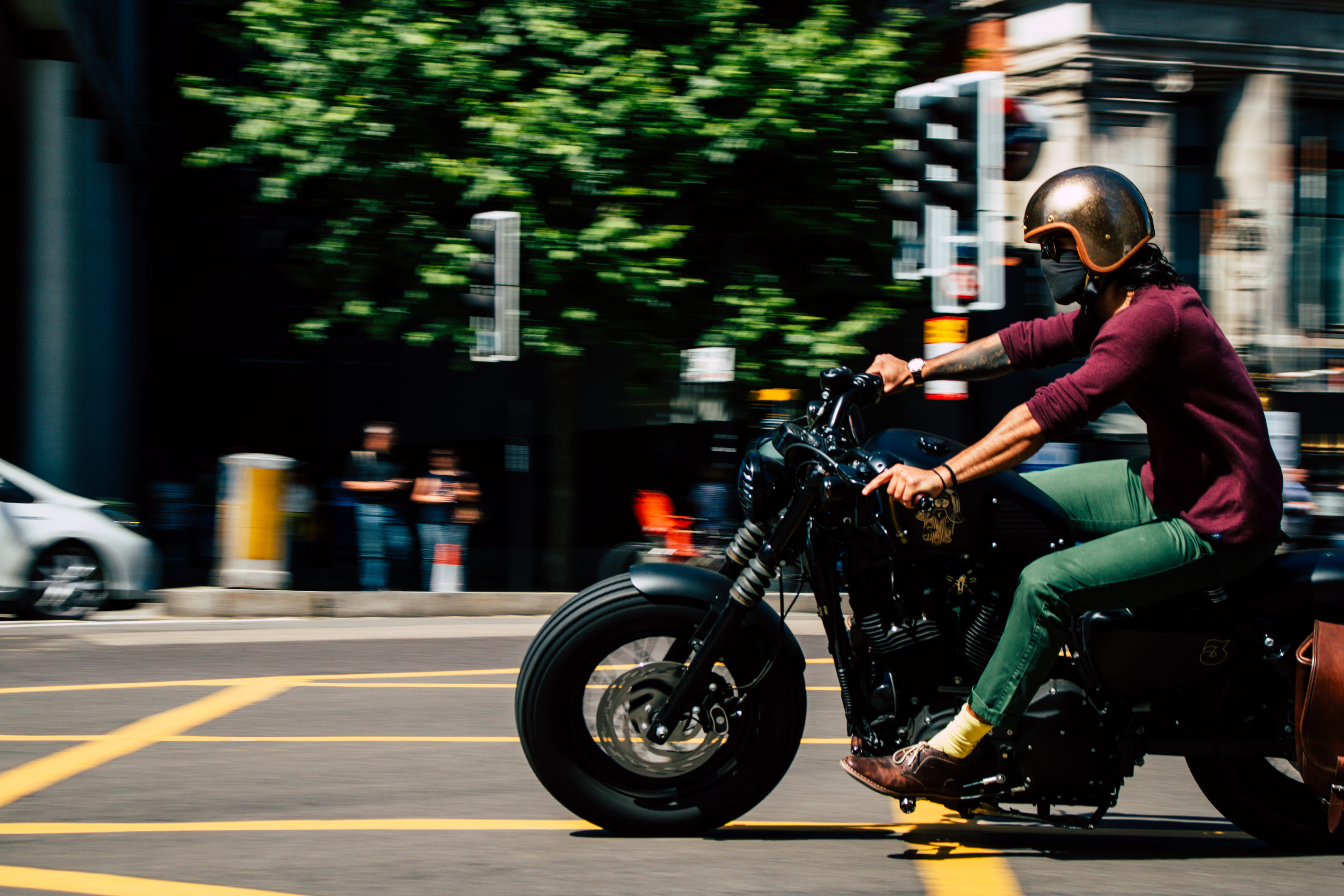 motorcycle, road, background, 5K, helmet, lifestyles, motion, transportation, canon, harley, real people, spot, city, men, full length, one person, green, HD Wallpaper