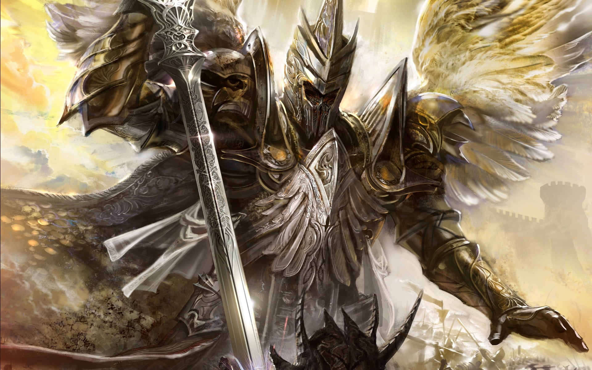 backgrounds, blow, indoors, close-up, wings, plant part, sword, armor, day, feather, creativity, art, no People, fantasy, animal, mask - disguise, HD Wallpaper
