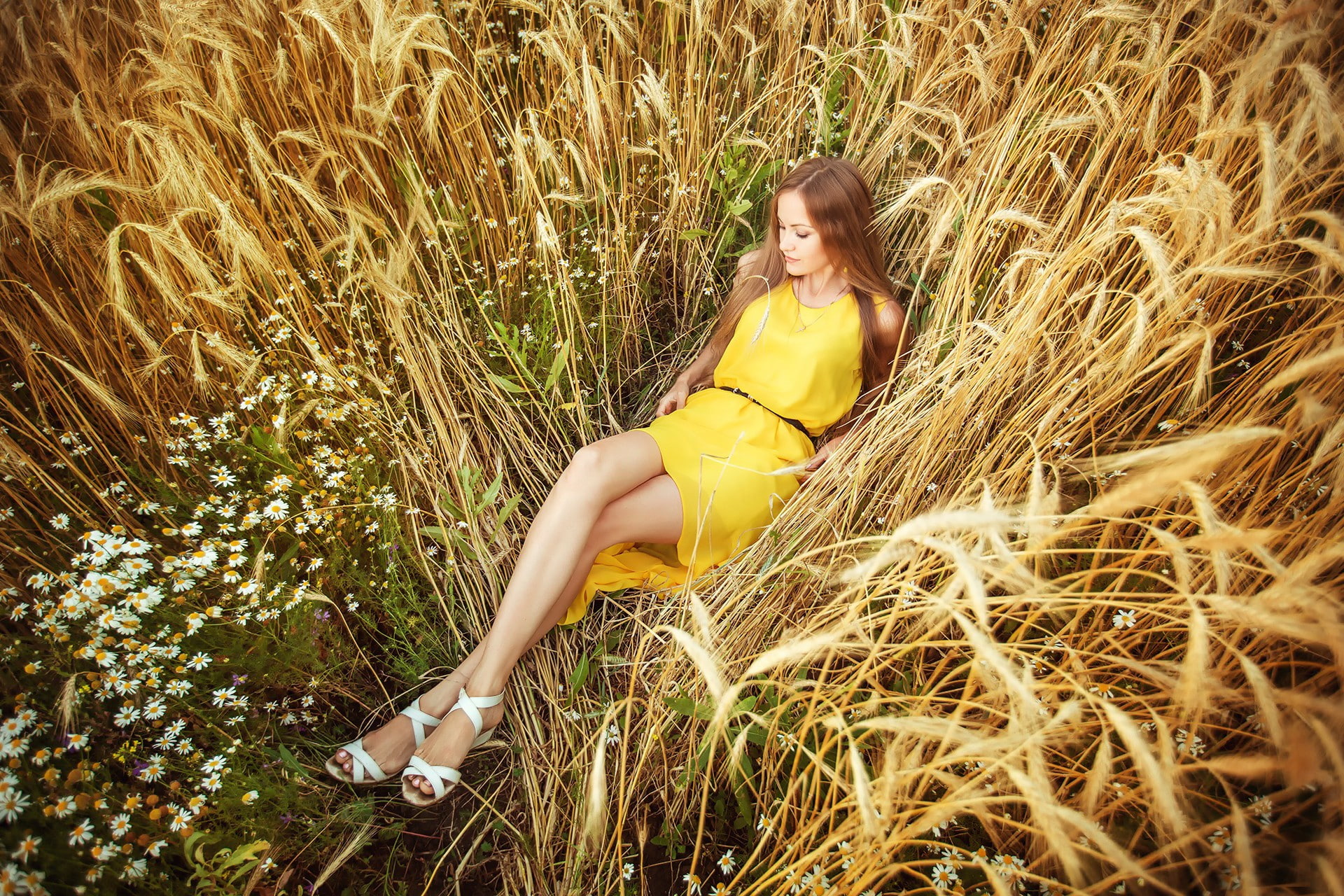 flowers, summer  dress, 1080P, women, women outdoors, model, field, yellow dress, HD Wallpaper
