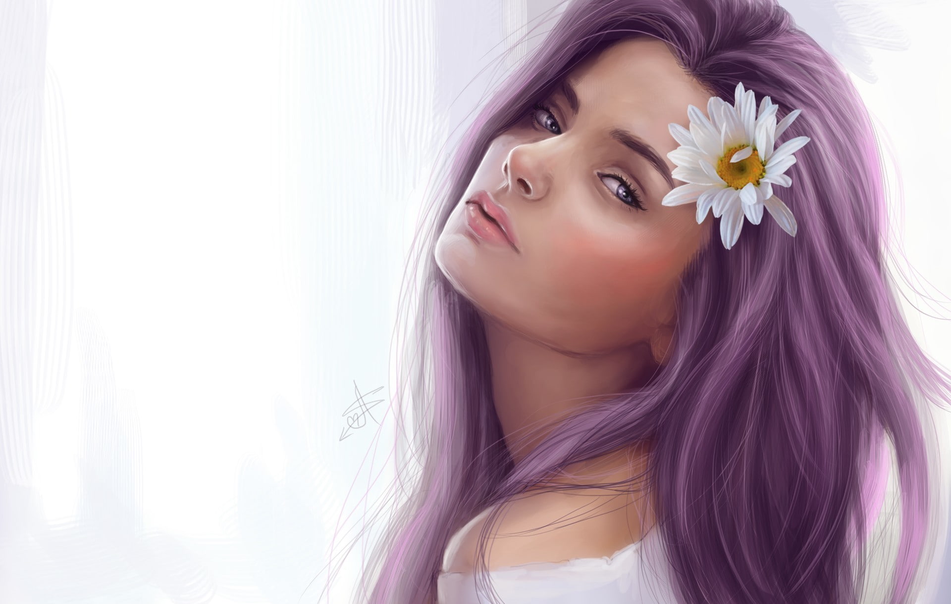 artwork, flower in hair, 1080P, blue eyes, matricaria, purple hair, women, HD Wallpaper