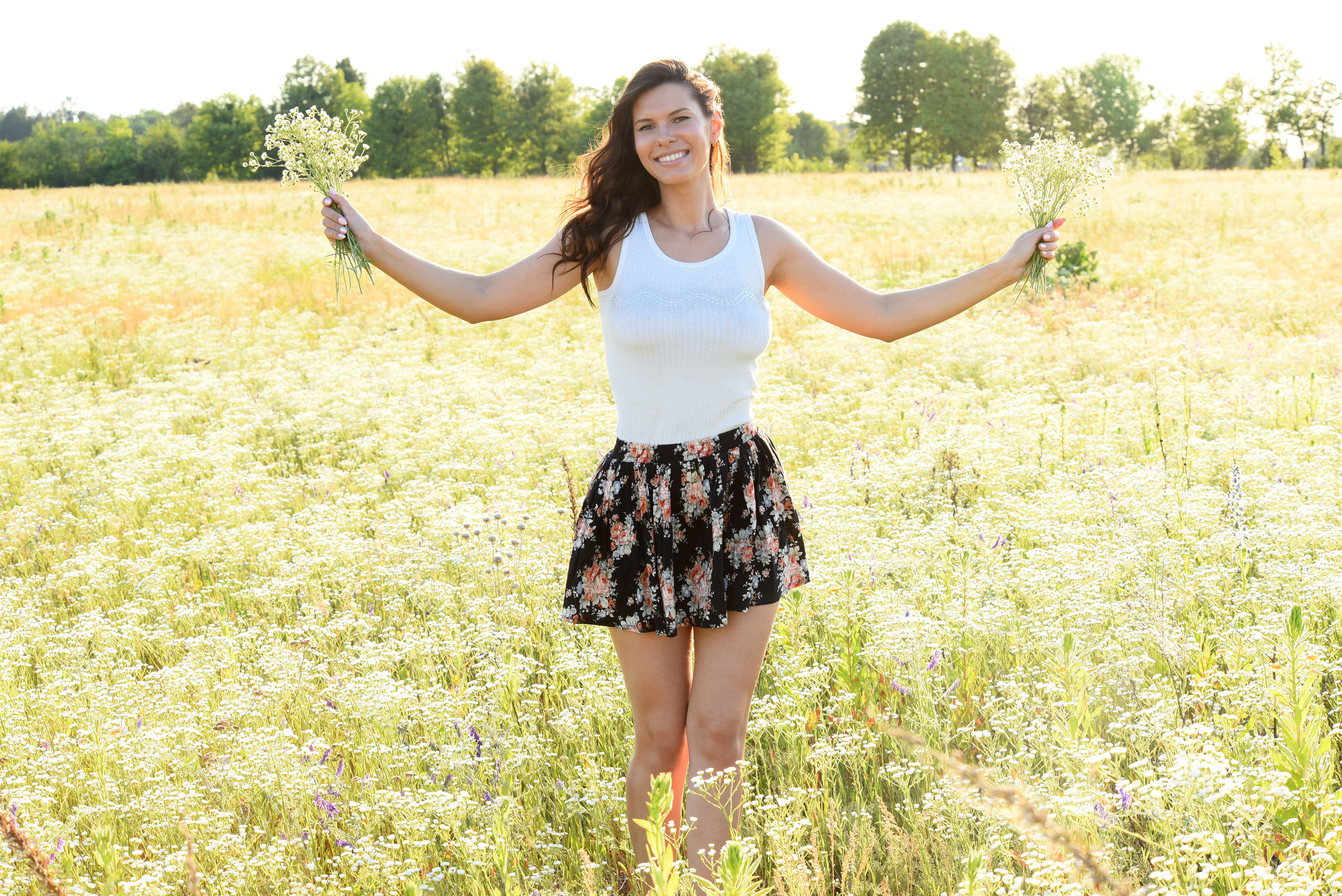 5K, Suzanna A, brunette, women outdoors, skirt, field, flowers, women, MetArt Magazine, smiling, HD Wallpaper