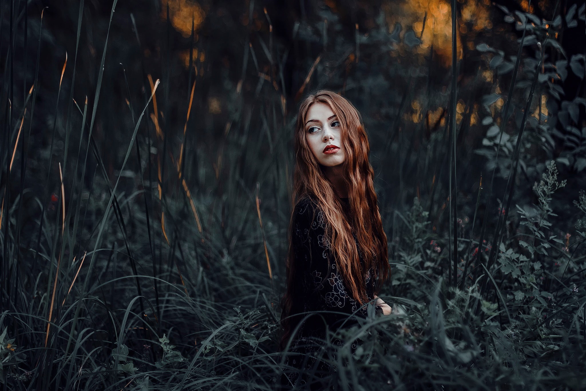 outside, 1080P, long hair, hair, grass, woman, redhead, long, 2048x1365, nature, HD Wallpaper