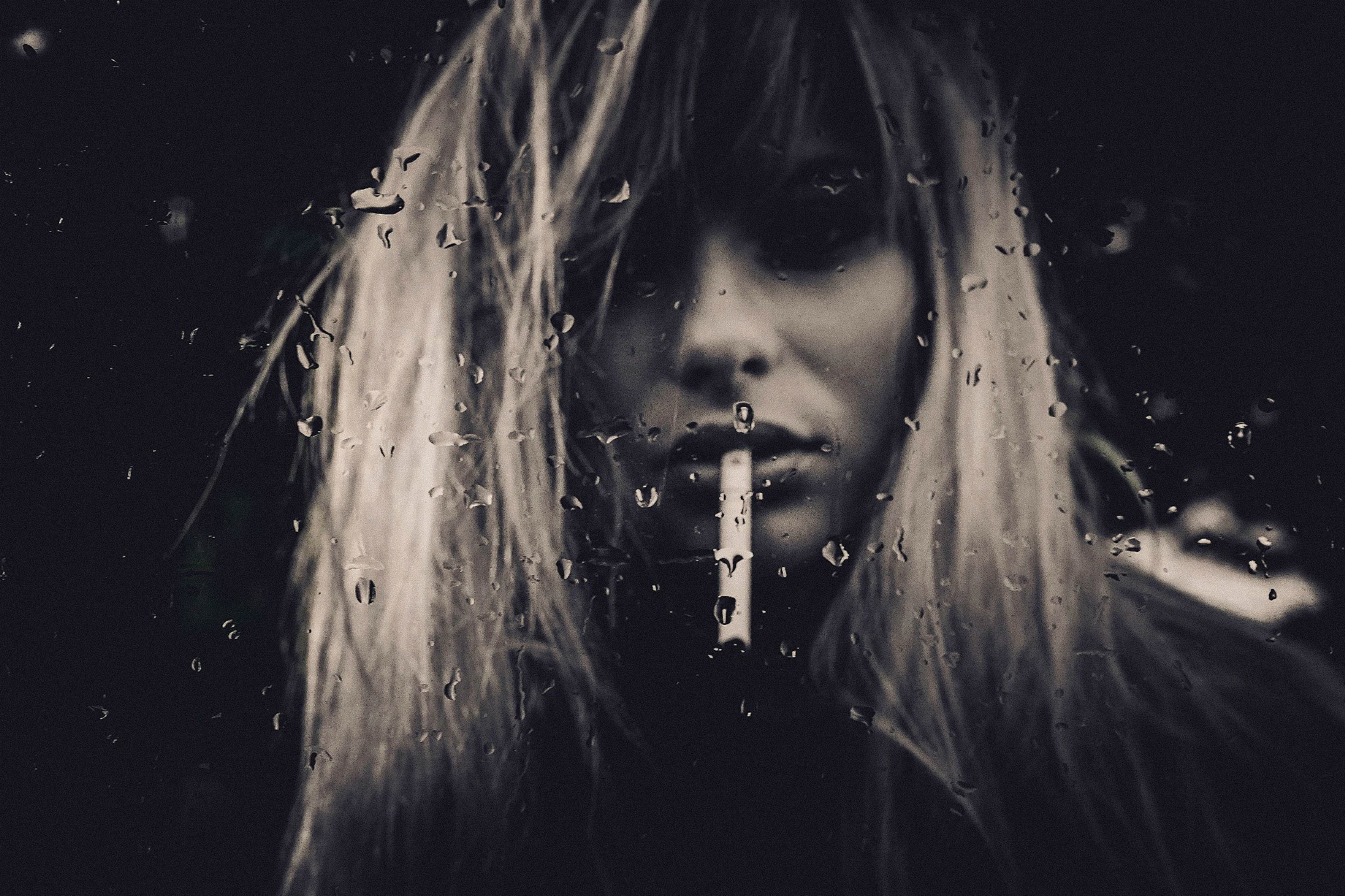 long hair, hair, women, monochrome, long, drops, water drops, smoking, water, 2048x1365, 1080P, HD Wallpaper