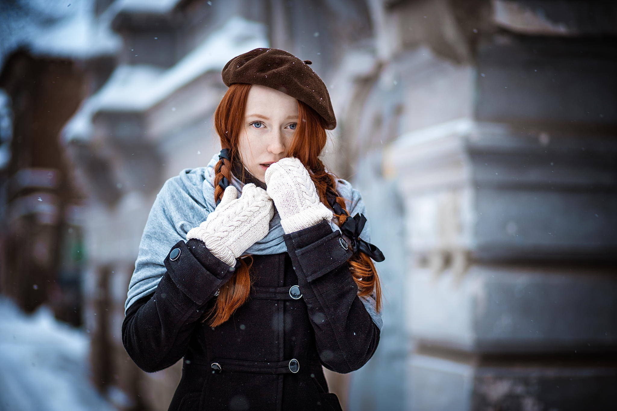 cold, 1080P, women, 2048x1365, snow, redhead, gloves, portrait, winter, HD Wallpaper