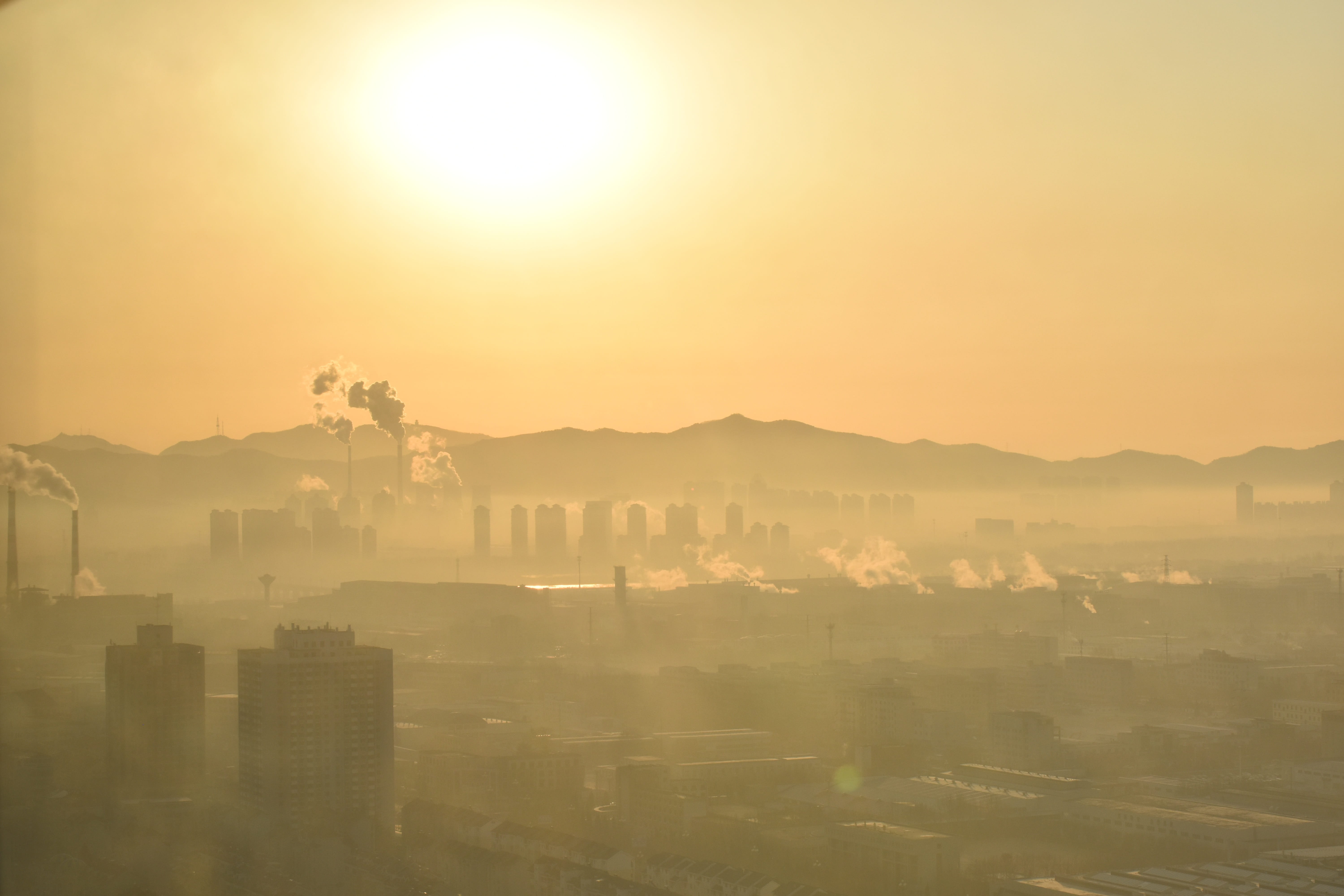 no people, industry, beauty in nature, slurry, skyline, building, smog, scenics - nature, bright, 5K, orange color, outdoors, pollution, sky, environment, HD Wallpaper