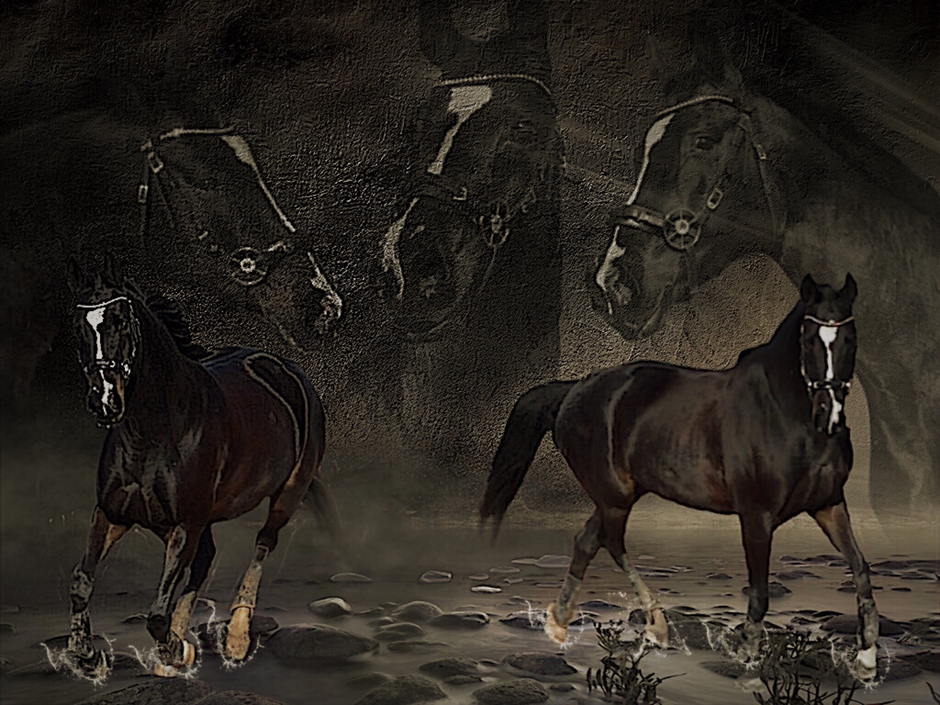 two animals, domestic animals, collage, animal wildlife, vertebrate, no people, photoshop, water, horse, group of animals, outdoors, head, nature, dust, HD Wallpaper