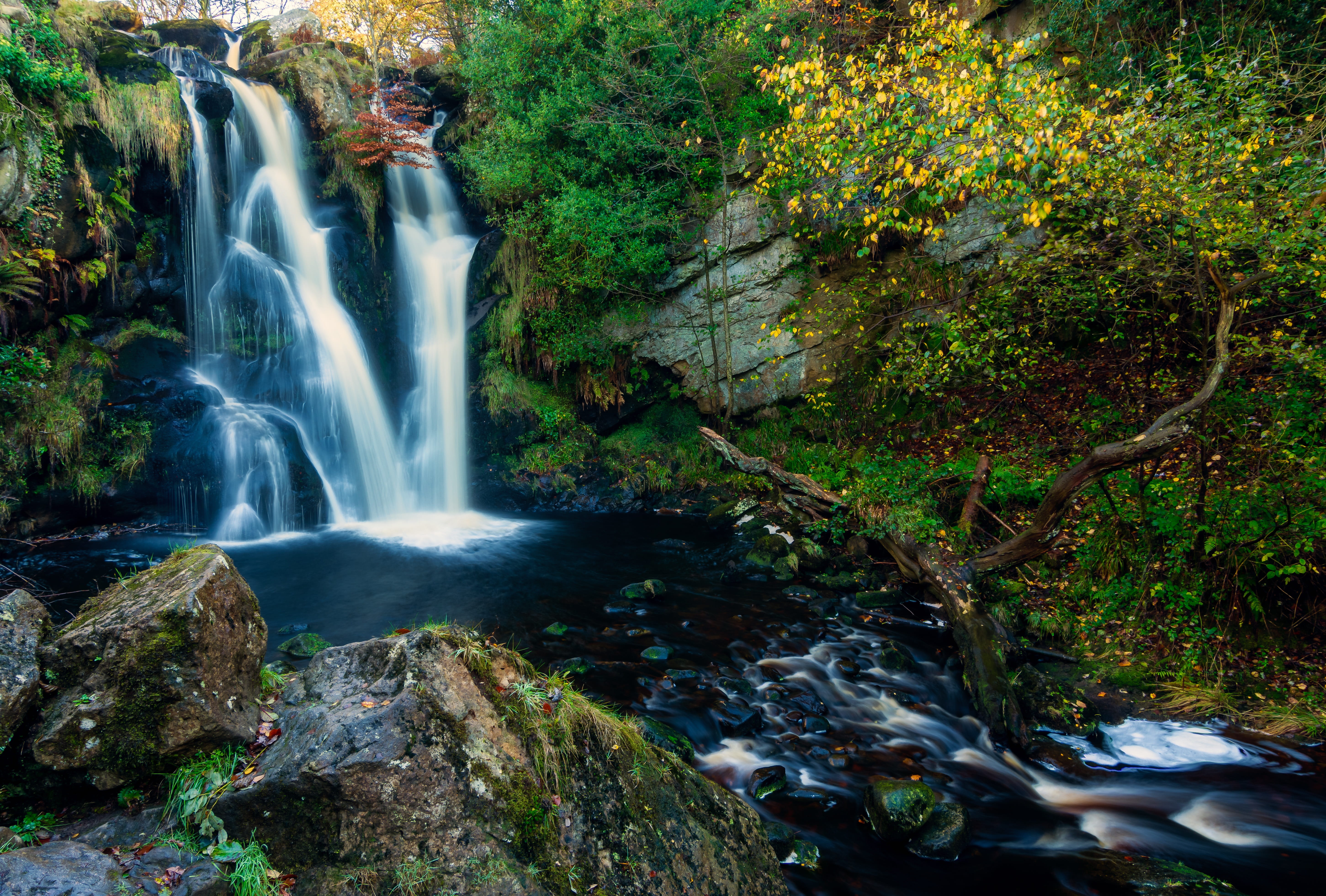 flowing water, barden fell, autumn, rainforest, beside, solid, fall, uk, land, power, outdoors, tree, erosion, rock formation, waterfall, valley of desolation, HD Wallpaper