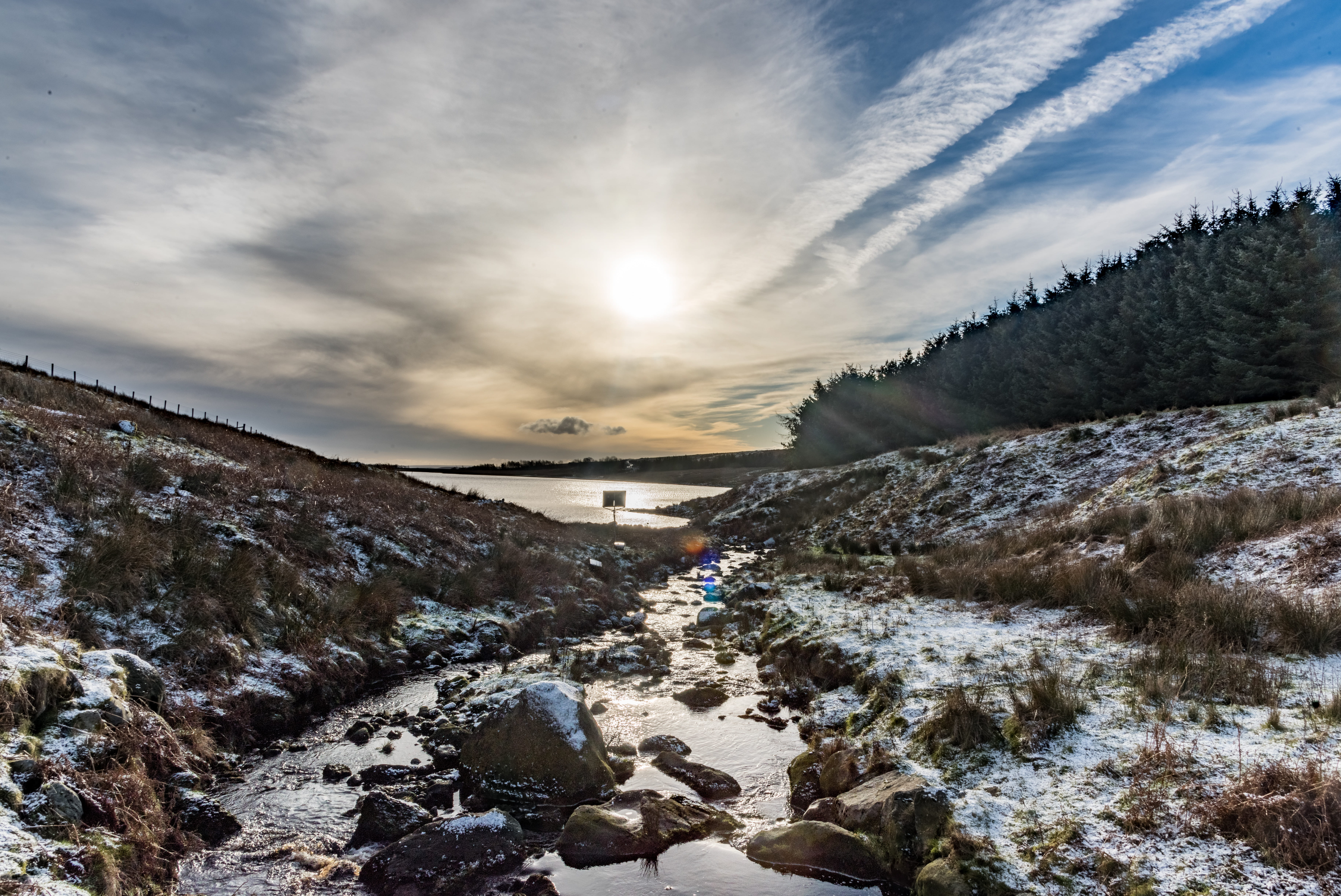 cold temperature, sky, grimwith reservoir, nature, sunlight, solid, scenics - nature, winter, united kingdom, skipton, rock, 5K, water, sunset, snowcapped mountain, HD Wallpaper