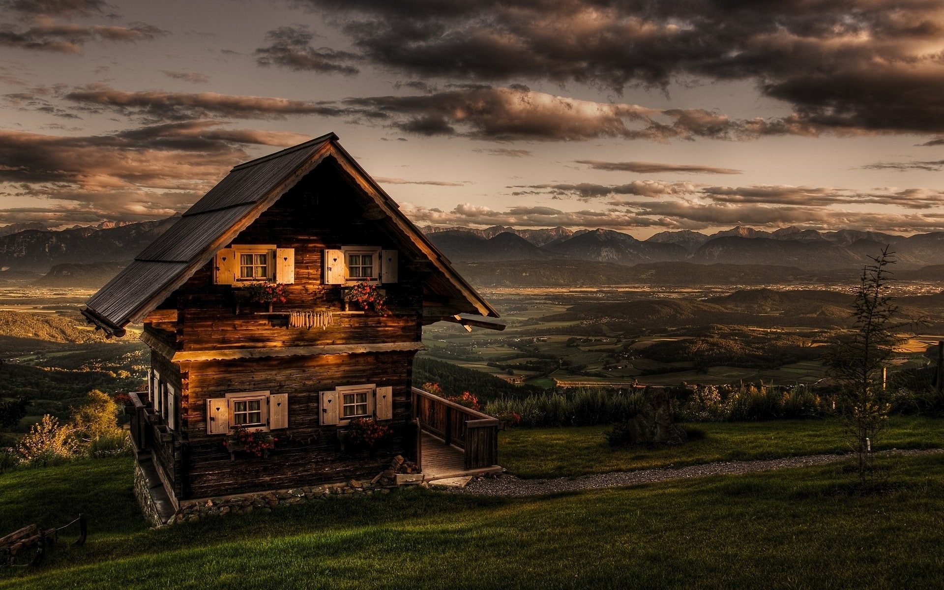building exterior, beauty in nature, building, no people, dusk, hills, tranquility, scenics - nature, nature, landscape, digital lighting, mountain, sky, HD Wallpaper