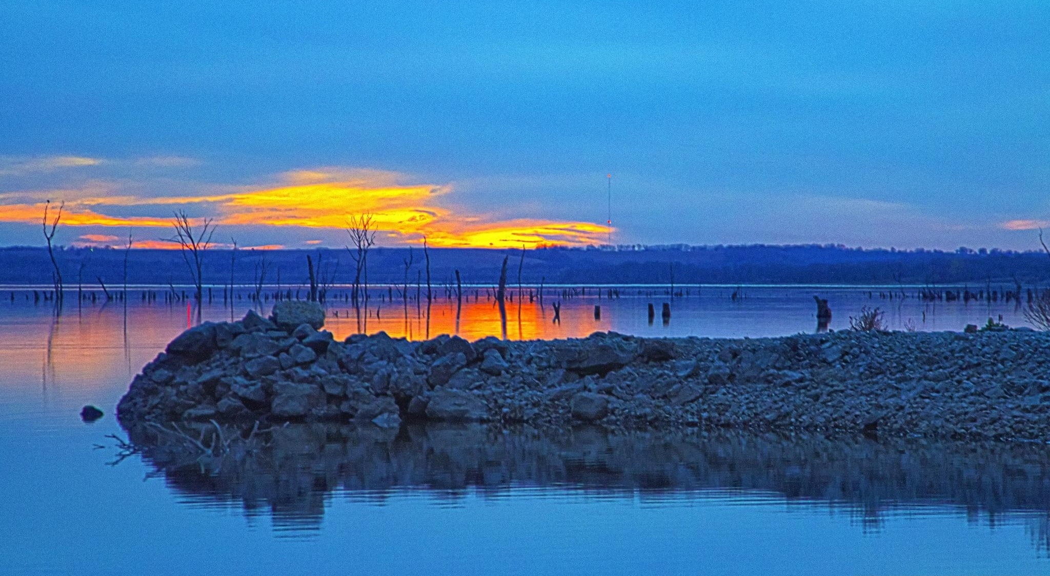 Sunset, Clinton Lake, Lake, United States, Blue, Reflection, Kansas, Nature, Scenery, breakwater, Scene, Travel, 1080P, Orange, Lawrence, Landscape, HD Wallpaper