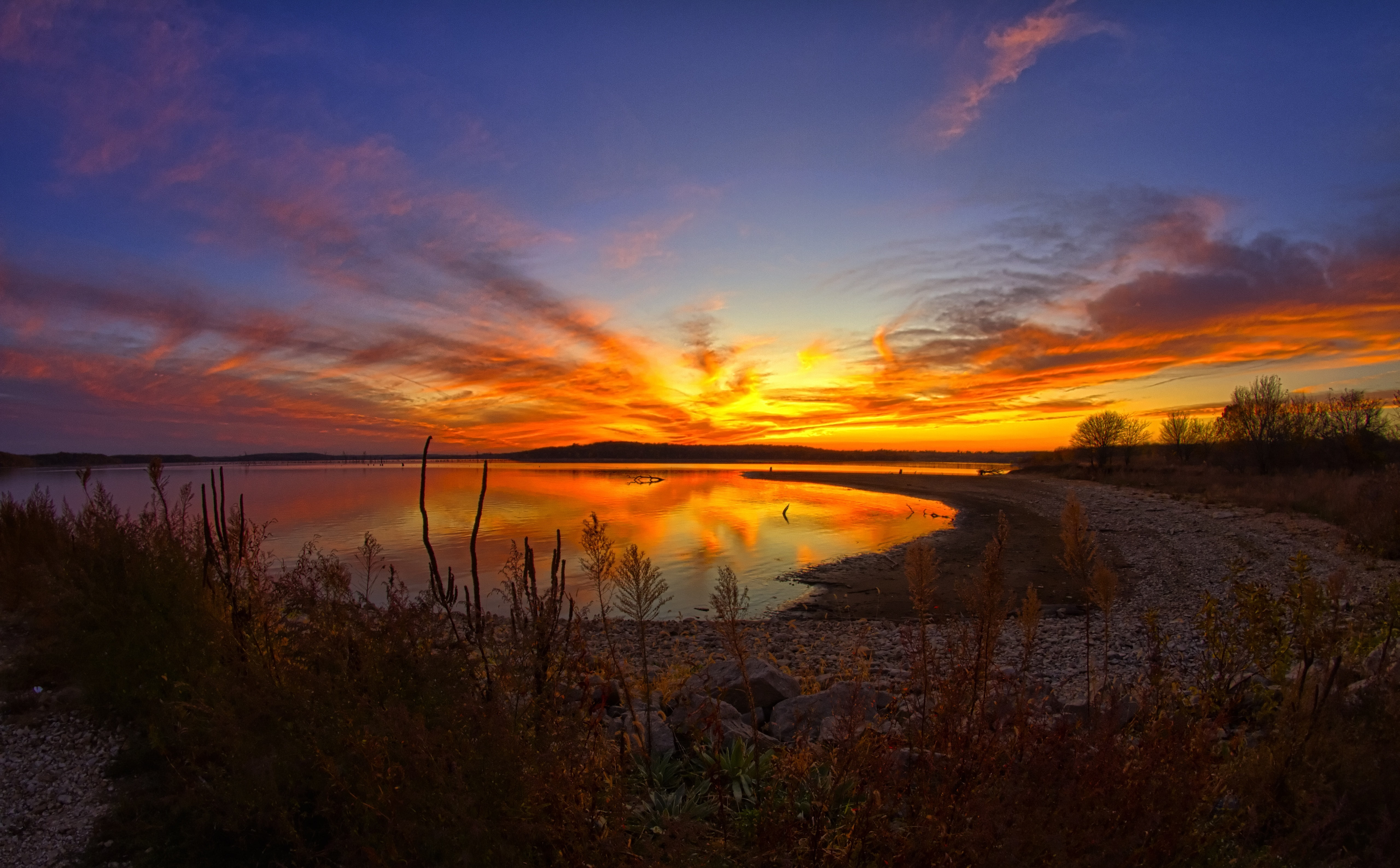 sky, outdoors, beauty in nature, United States, sunset, Bank, Orange, body, Nature, no people, Sidewalk, Clinton Lake, plant, Reflection, water, scenics - nature, HD Wallpaper