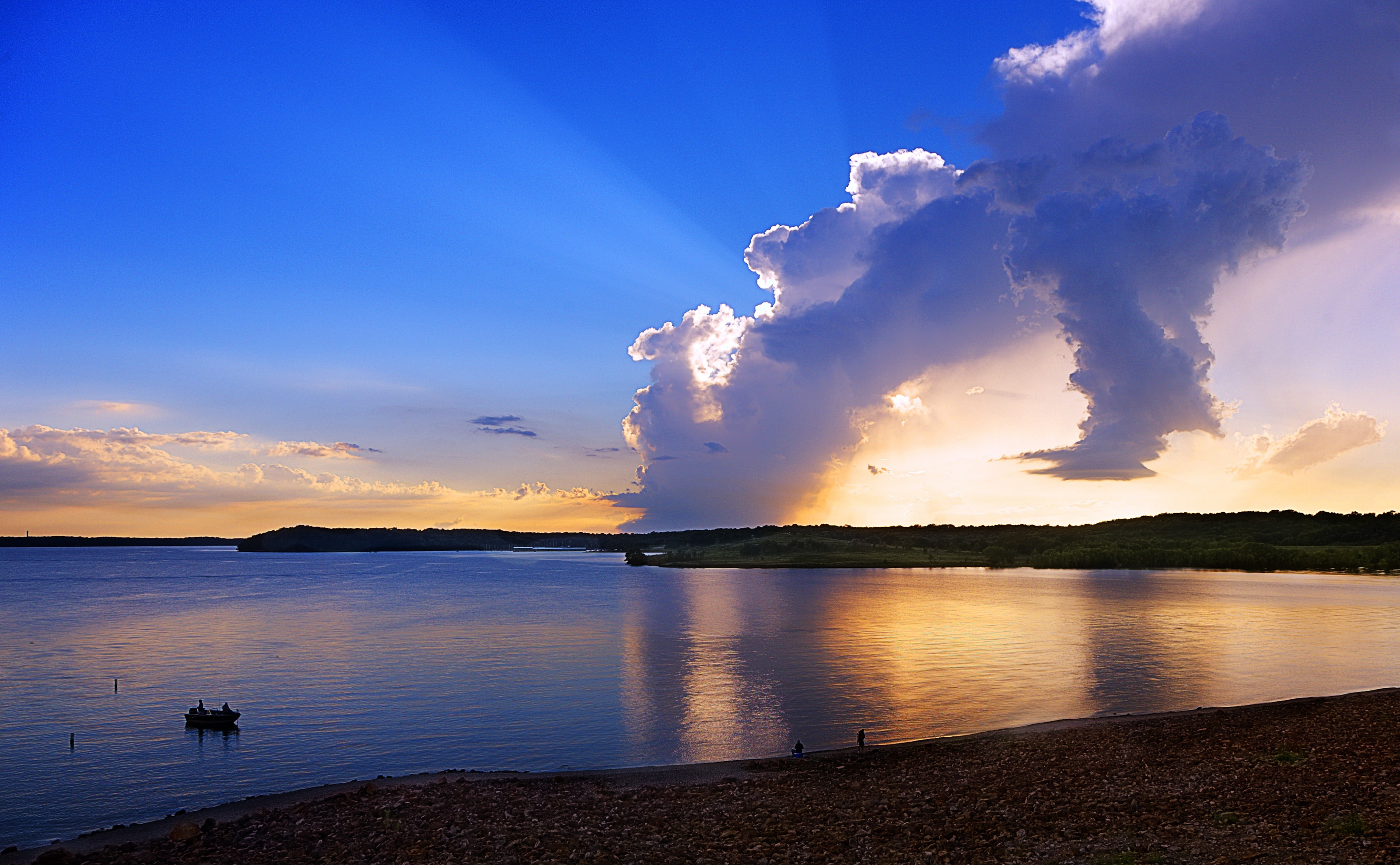 Clinton Lake, sea, Lake, last, Reflection, scenics - nature, Nature, Boat, Landscape, land, casts, Beautiful, horizon over water, blue, Fishing, 4K, outdoors, HD Wallpaper
