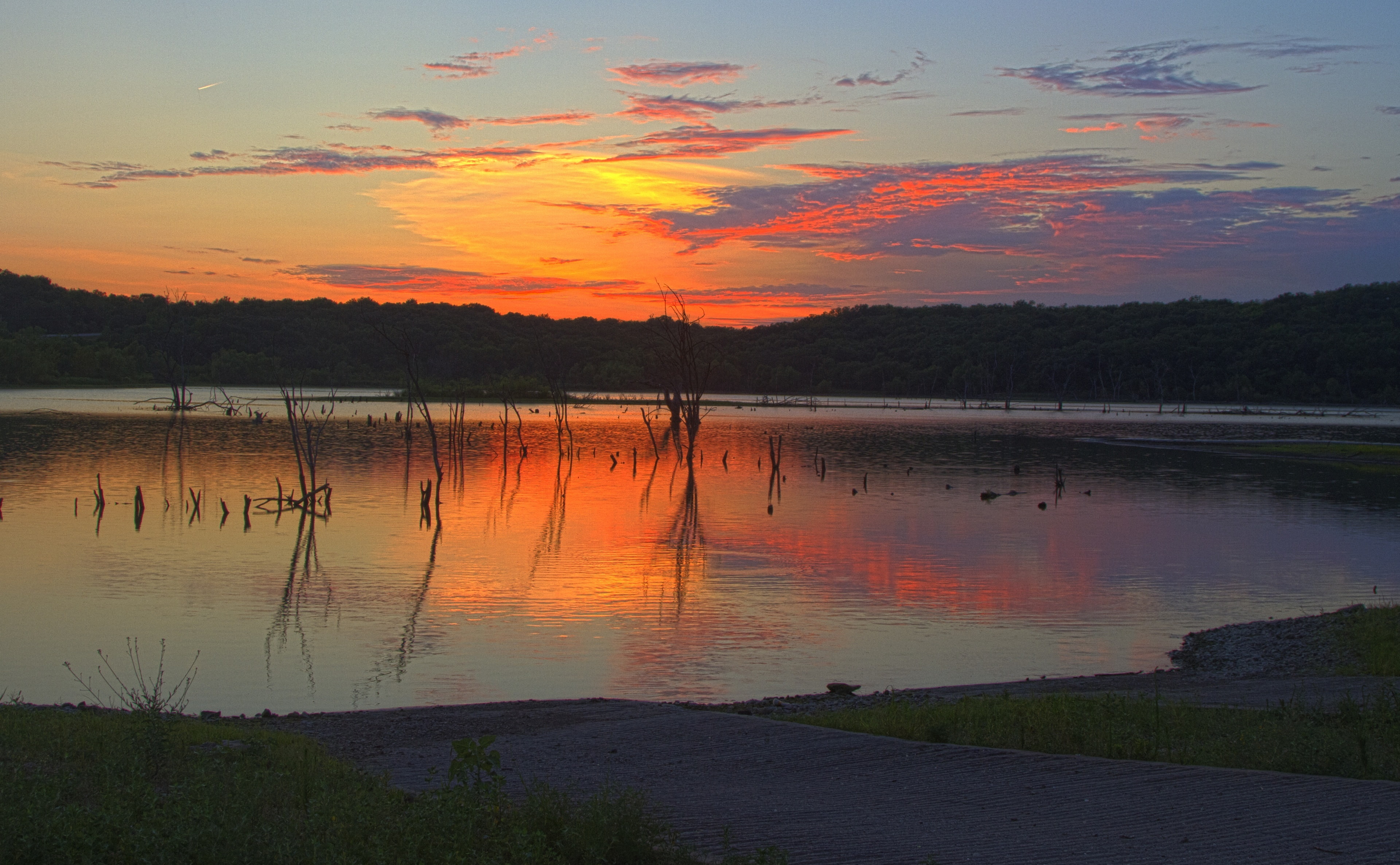 Scene, outdoors, orange color, dead tree, beauty in nature, water, Heat, Reflection, non-urban scene, Clinton Lake, body, Kansas, photo, romantic sky, cloud - sky, HD Wallpaper