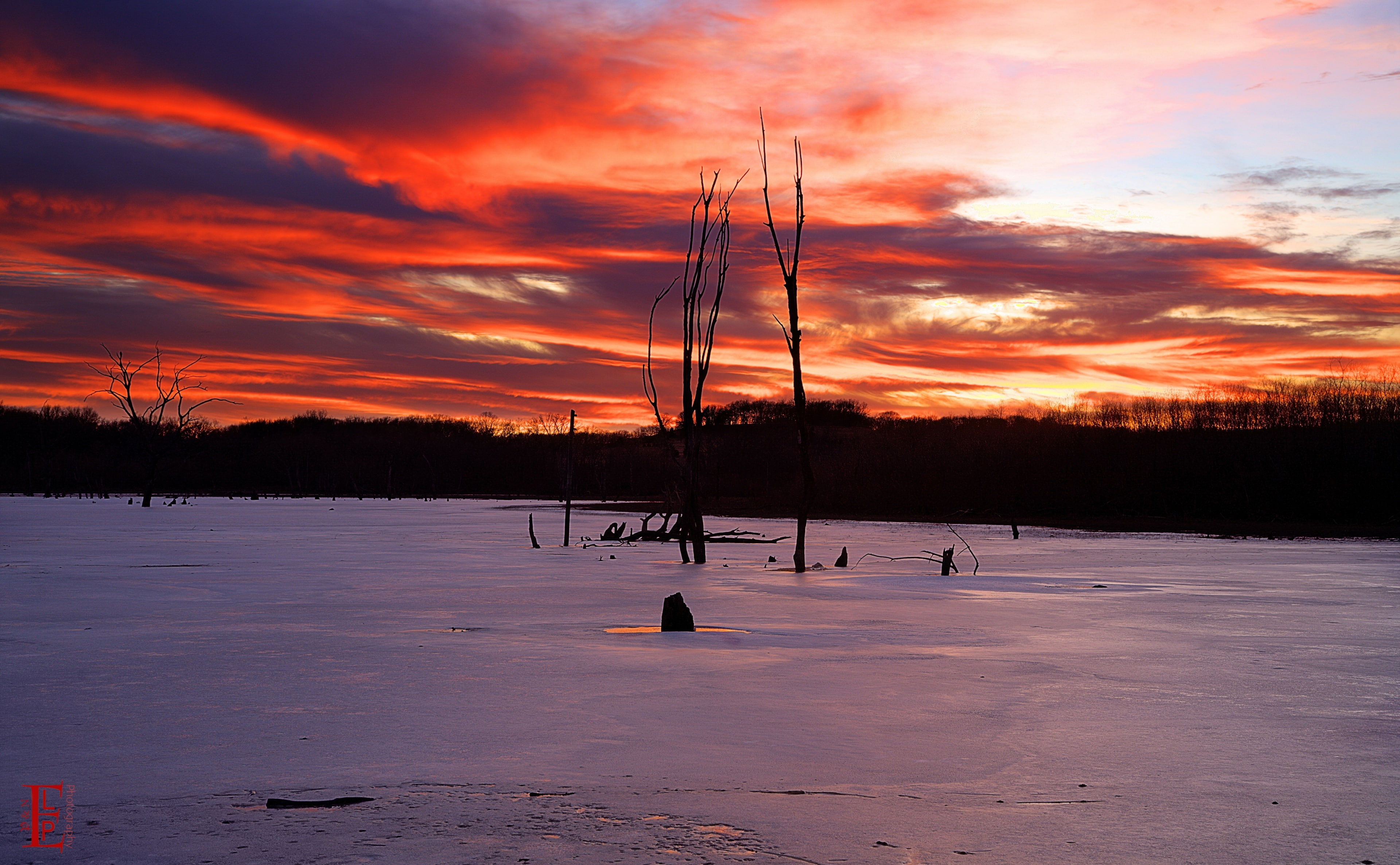 Clinton Lake, Frozen, Lake, non-urban scene, scenics - nature, snow, Sunset, United States, sky, brown, Scene, Winter, tranquil scene, bare, cold temperature, HD Wallpaper