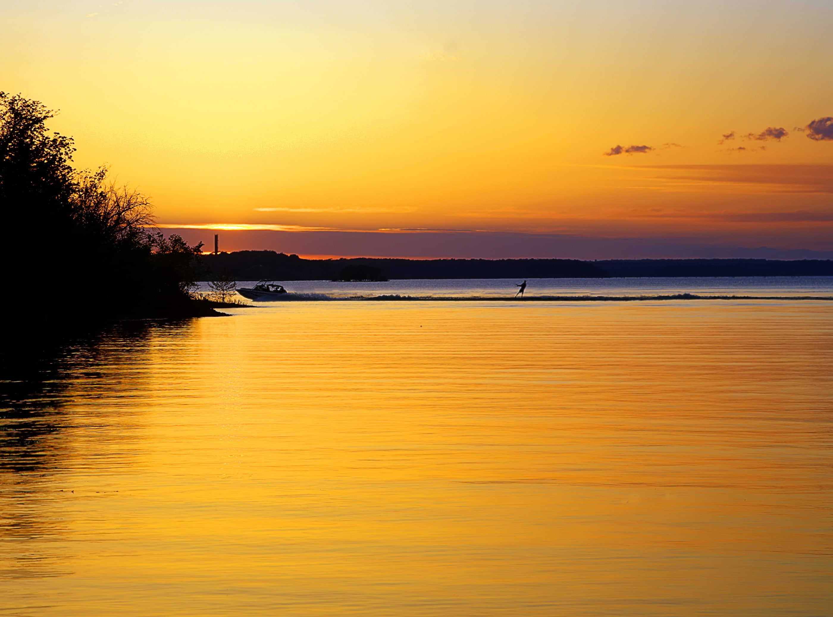 sky, beauty in nature, Landscape, non-urban scene, silhouette, Travel, body, Scenery, Kansas, Water Skiing, Lawrence, orange color, outdoors, Scene, water, HD Wallpaper