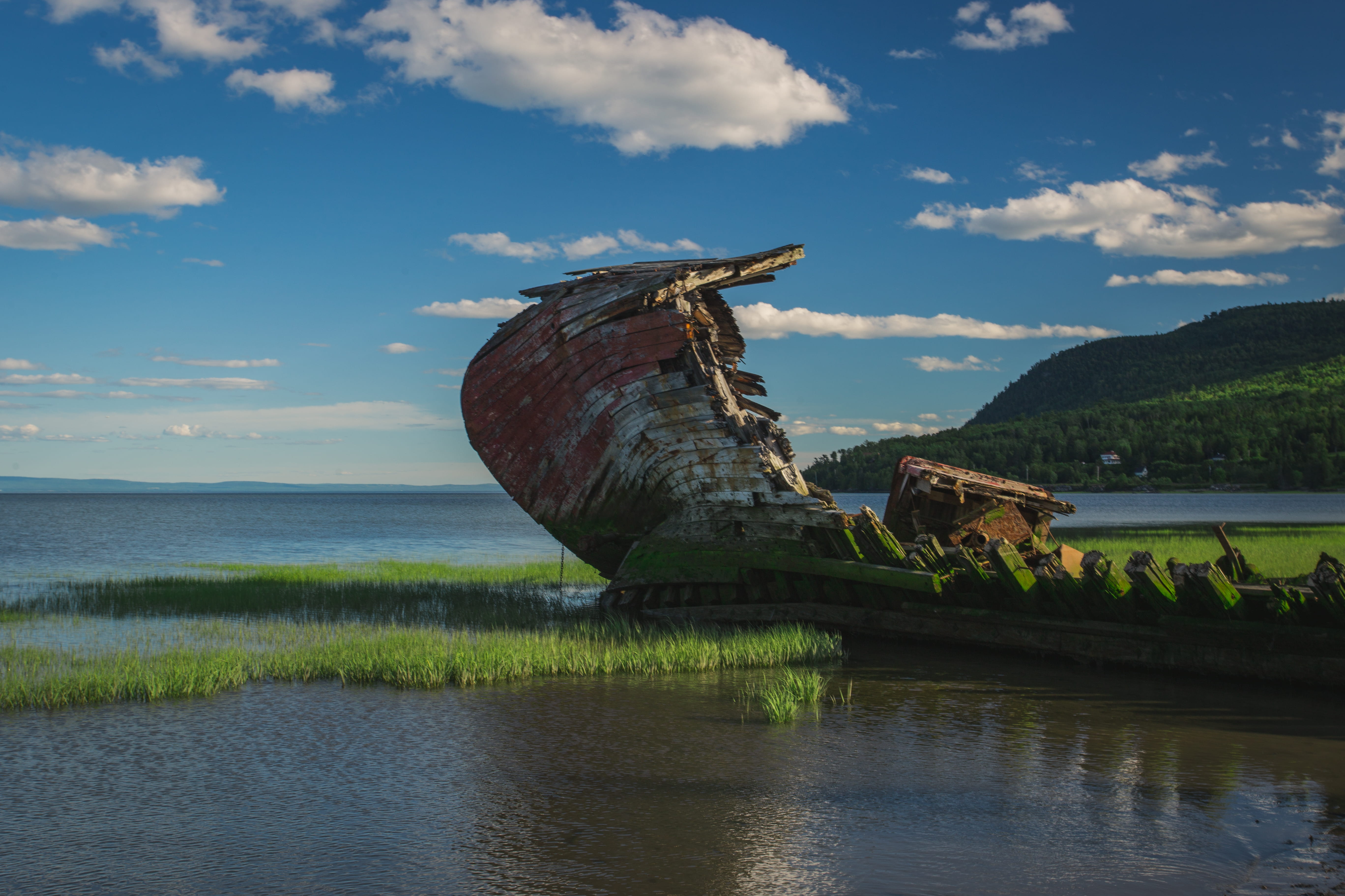 water, day, mountain, canada, collapse, shipwreck, river, sky, tranquility, no people, beauty in nature, outdoors, nature, urban exploration, quebec, st lawrence, HD Wallpaper