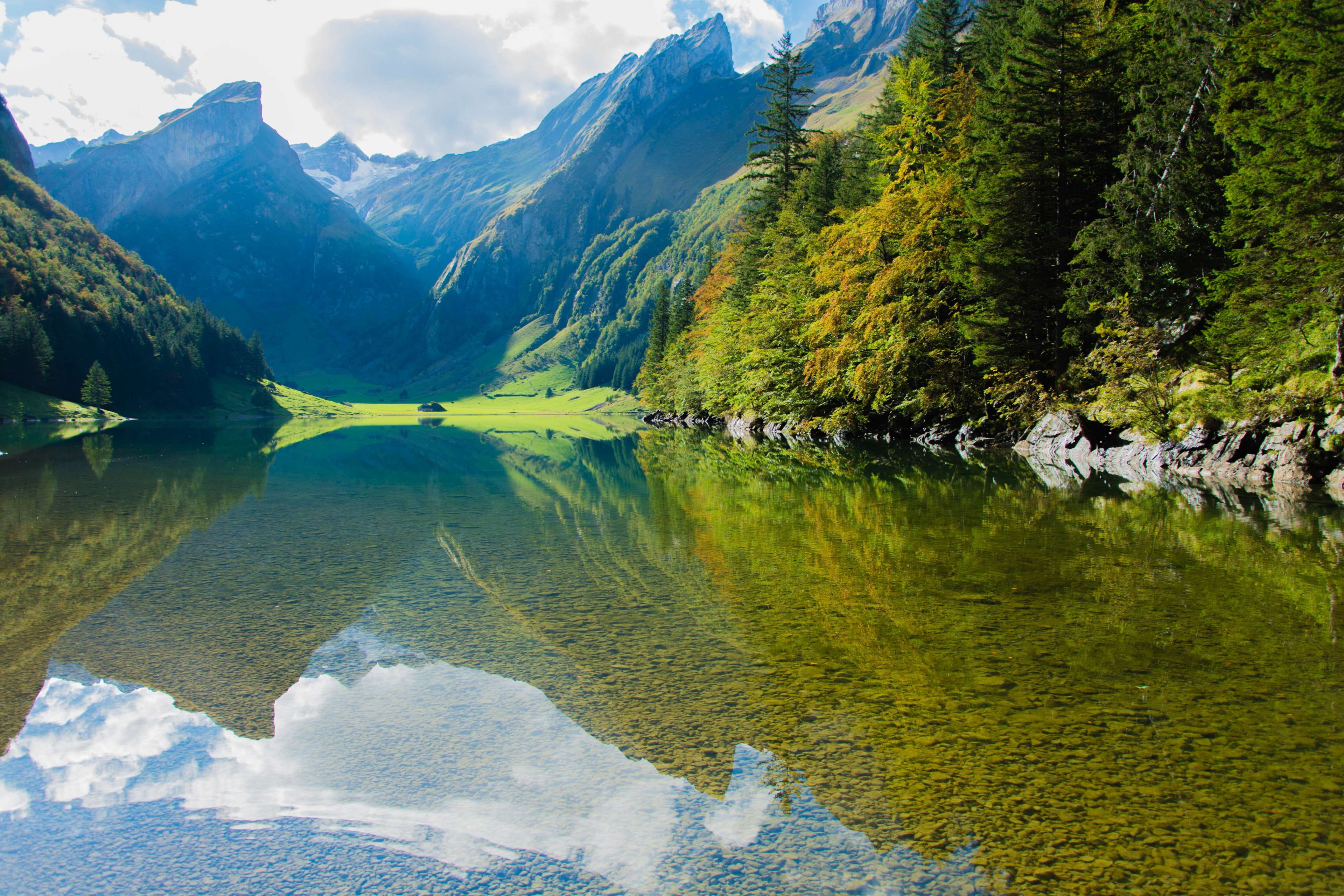 idyllic, mountain, forest, reflection, tranquility, mountains, daylight, sky, reflection lake, valley, wo, water, 4K, trees, summer, snow, green color, HD Wallpaper