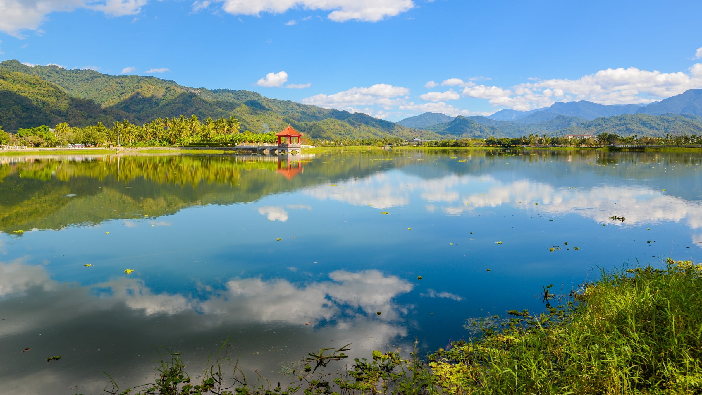 landscape, scenics - nature, outdoors, nature, meinong district, mountain range, lake, cloud - sky, pine woodland, jogging, taiwan, tree, placid, idyllic, HD Wallpaper