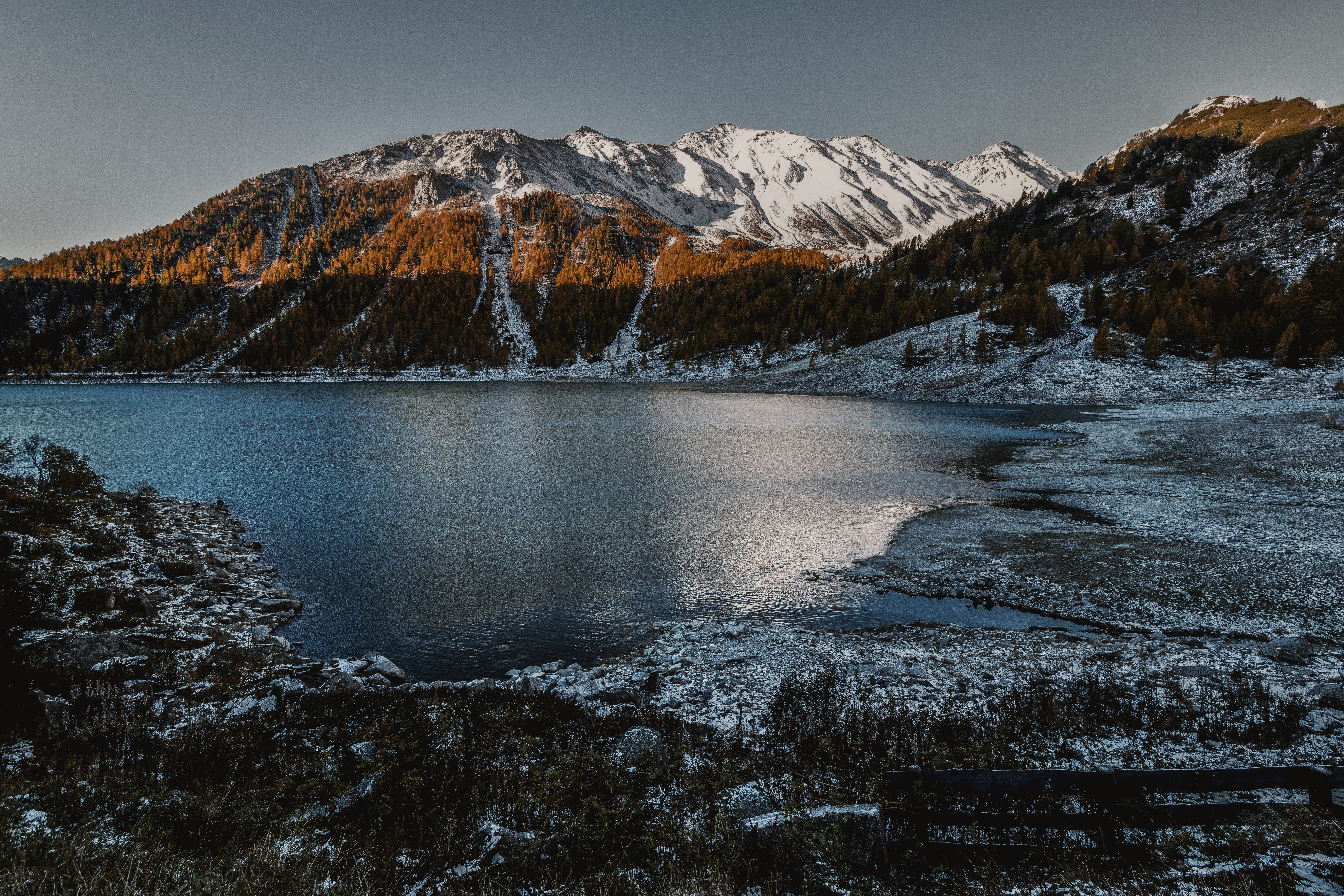 5K, beside, plant, placid, tree, body, water, nature, wood, high, desktop, dusk, lakeside, mountain, tranquility, sky, snowcapped mountain, scenic, HD Wallpaper