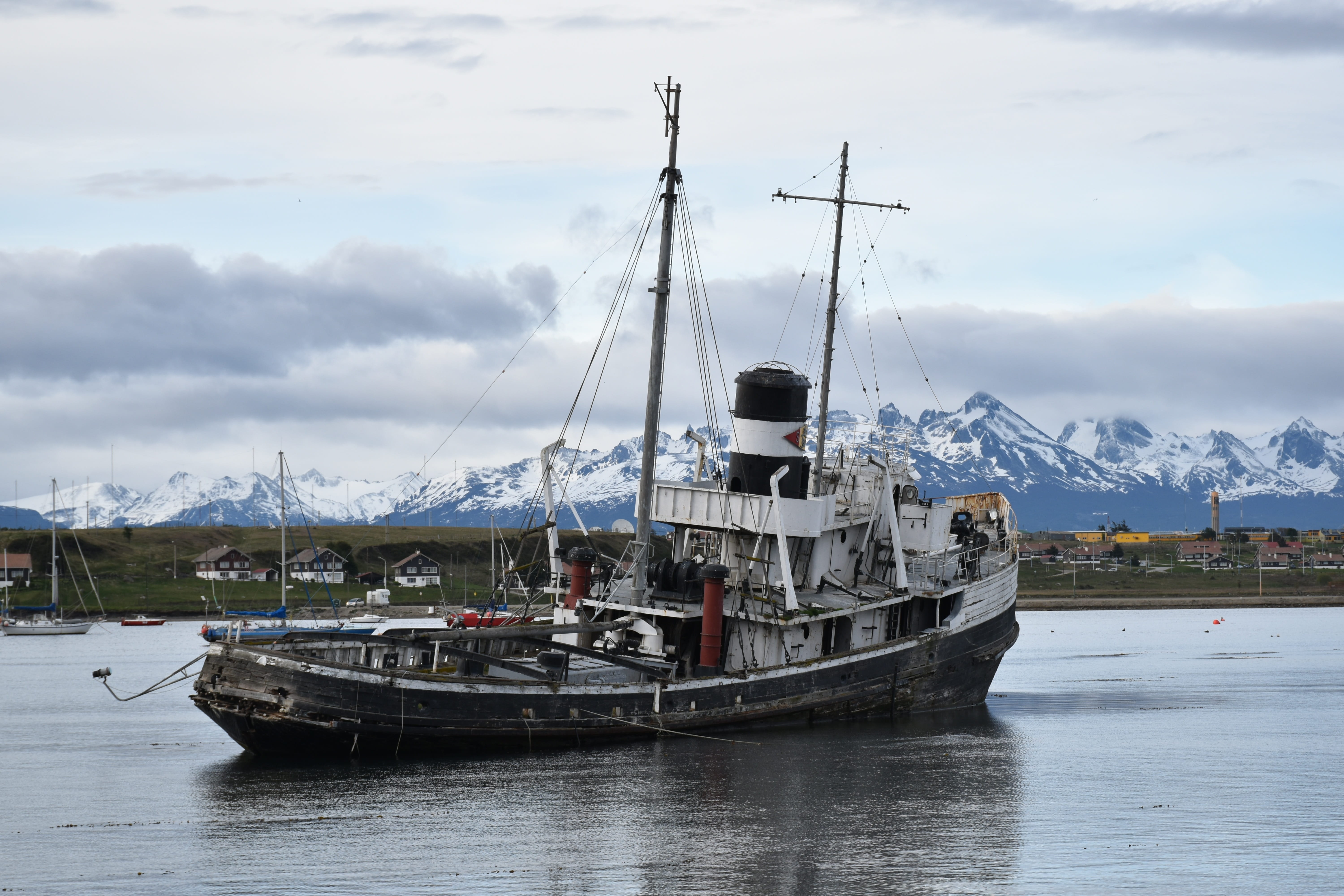 waterfront, nautical vessel, cutter, transportation, fishing, 5K, chile, port, ushuaia, sky, mast, south america, mountain panorama, boat, water, ship, HD Wallpaper