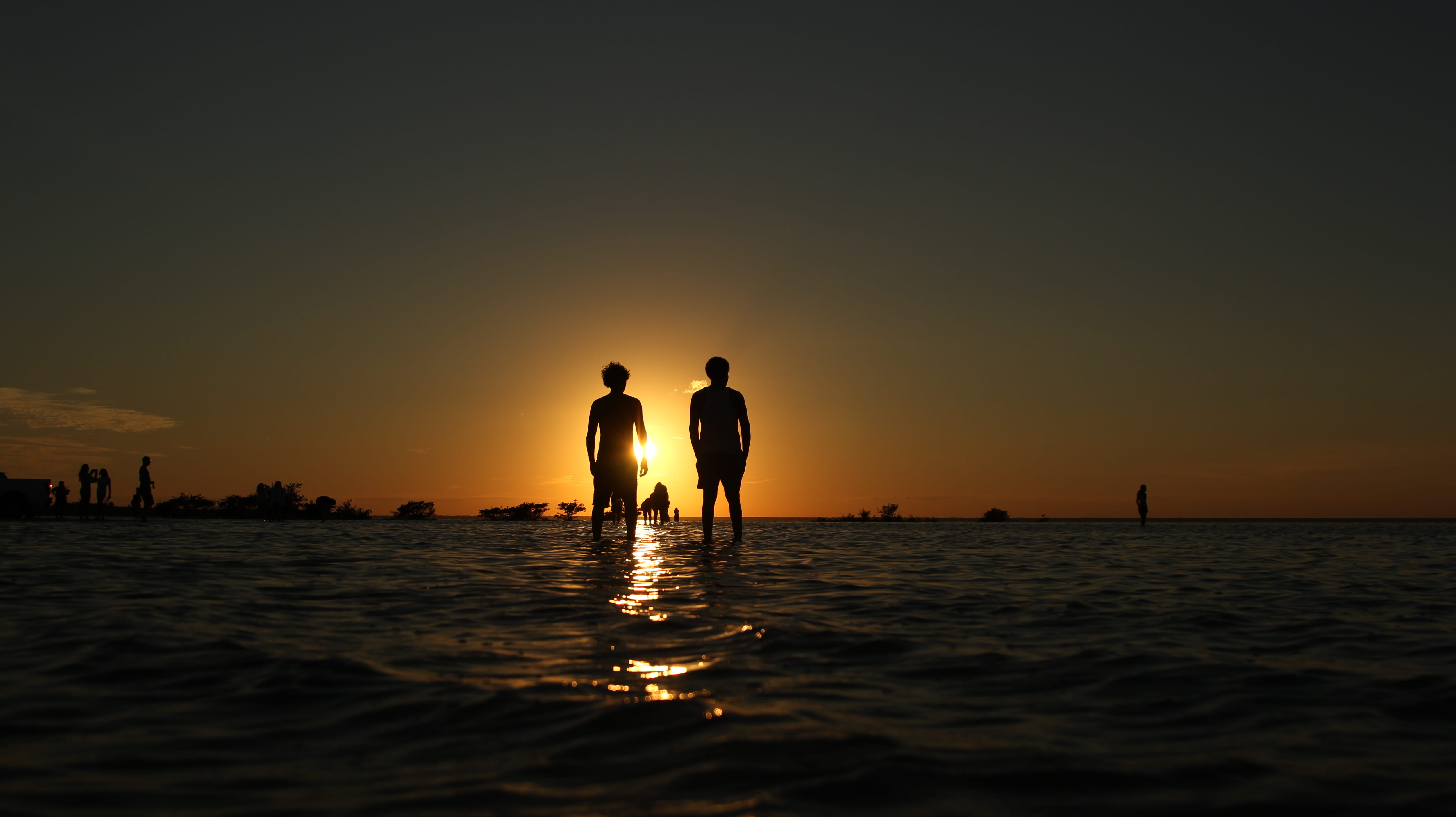 photography, lifestyles, sea, person, tranquility, hour, idyllic, two, sky, flare, orange color, positive emotion, sunset, waterfront, outdoors, water, HD Wallpaper