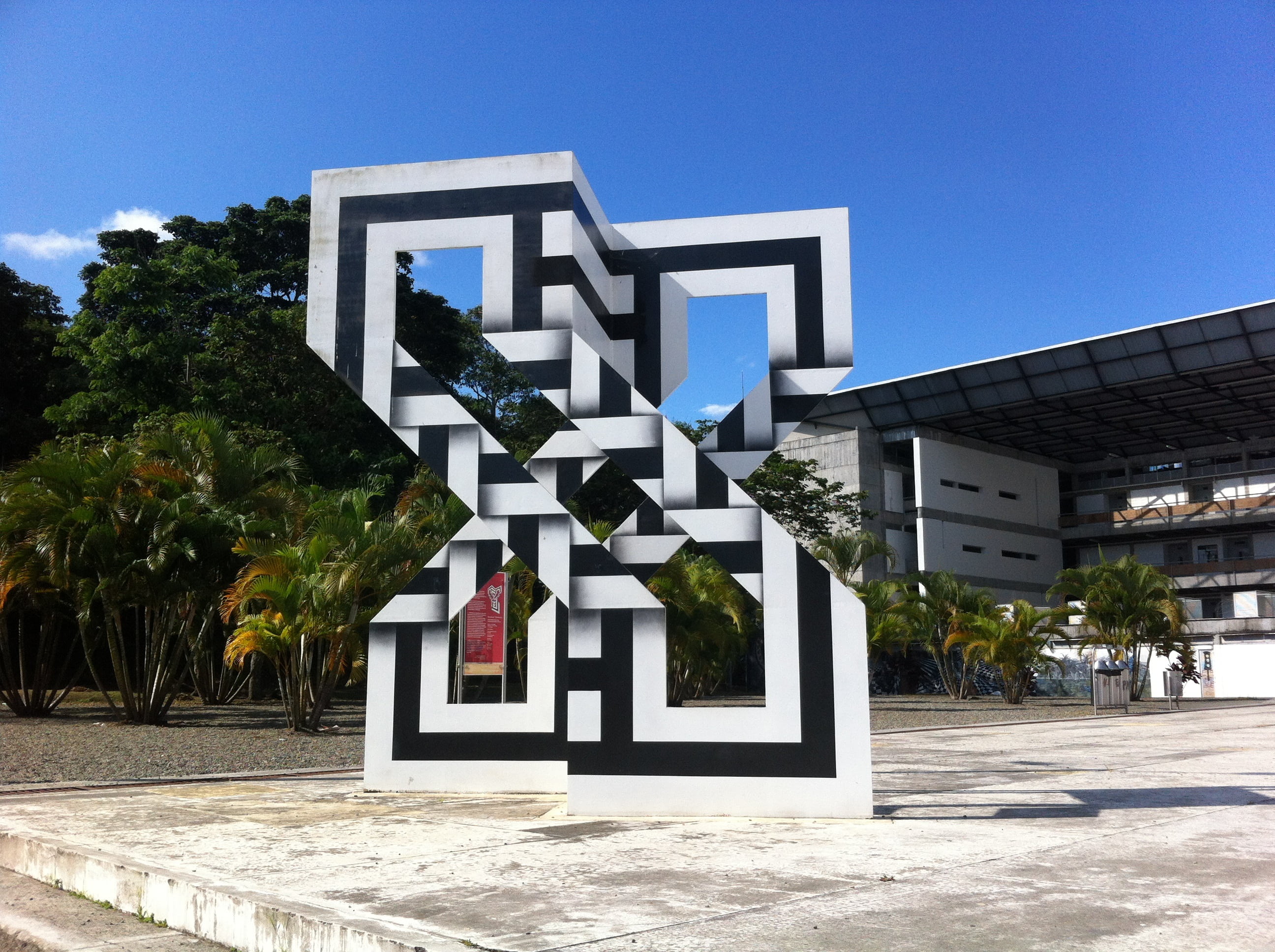 clear sky, sky, geometric, architecture, optical illusion, technological university of pereira, omar rayo, day, blue, plant, sculpture, building exterior, HD Wallpaper