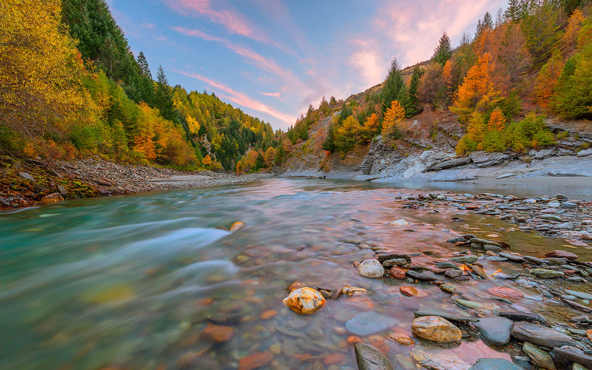 new, leaves, mountain, colors, 1080P, red, yellow, forest, tree, autumn, canyon, zealand, hd, island, gravel, stones, south, river, HD Wallpaper