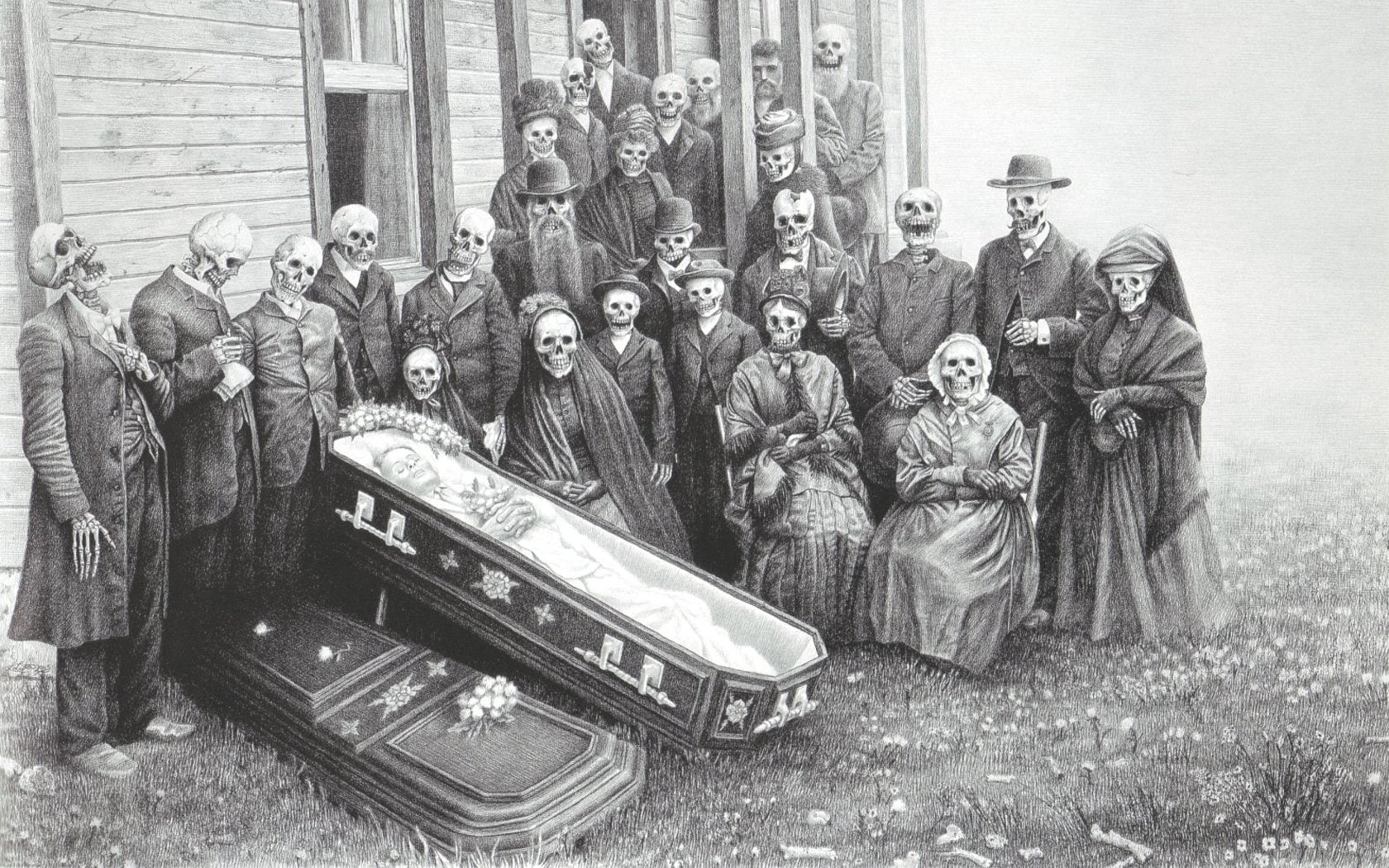 laurie, lipton, 720P, drawings, artwork, grayscale, casket, skeletons, dead, skulls, graphite, HD Wallpaper