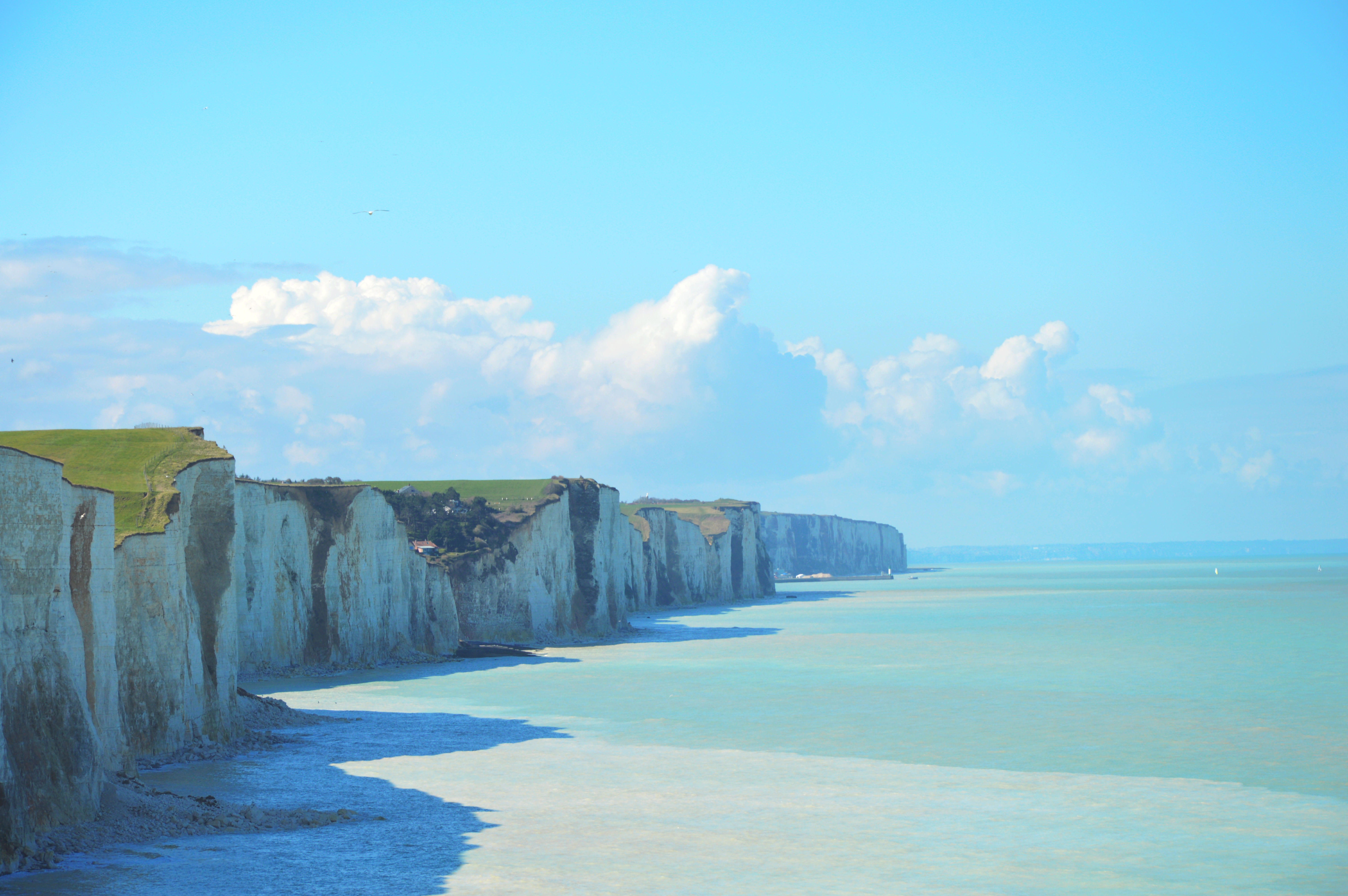 sky, land, outdoors, cloud - sky, sunlight, travel destinations, nature, direction, france, cliff, sea, baie de somme, water, 5K, blue, tranquility, the way forward, HD Wallpaper