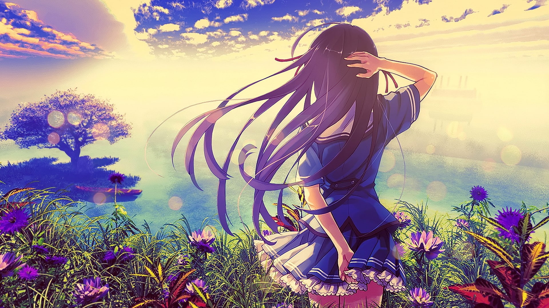 Koga Sayoko, plants, 1080P, long hair, anime, Deep Blue Sky and Pure White Wings, HD Wallpaper