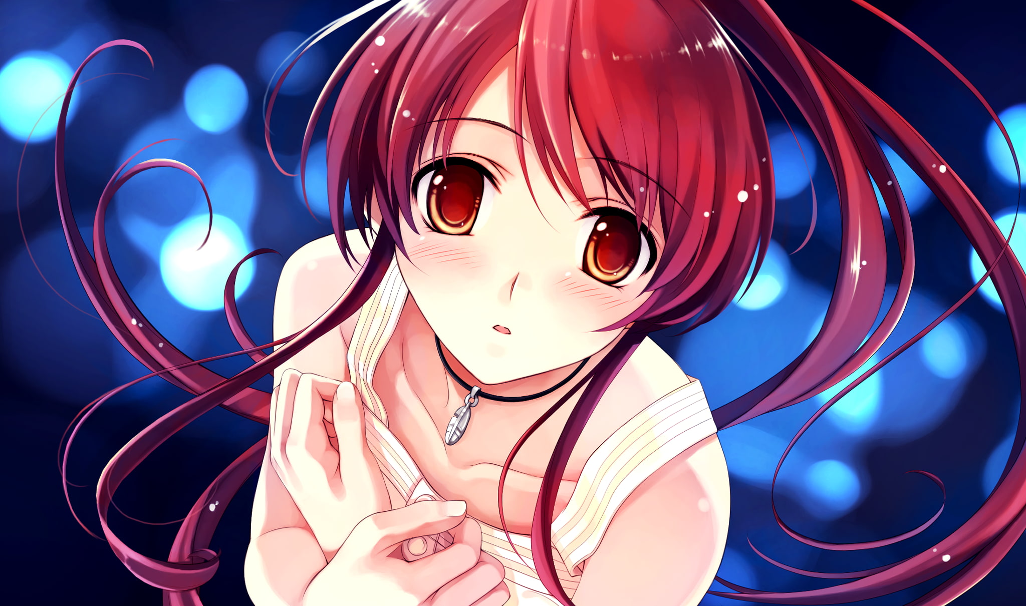 red eyes, light - natural phenomenon, anime girls, illuminated, lifestyles, Deep Blue Sky and Pure White Wings, close-up, 1080P, art and craft, studio shot, HD Wallpaper