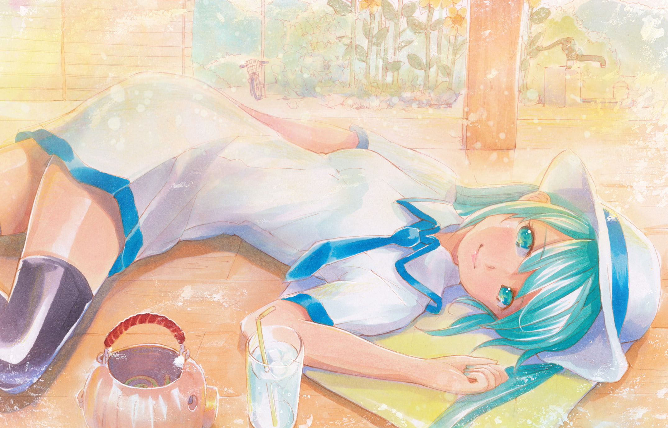 hatsune, tie, vocaloid, summer, 1080P, riyo, mayo, hair, aqua, eyes, miku, dress, hat, HD Wallpaper
